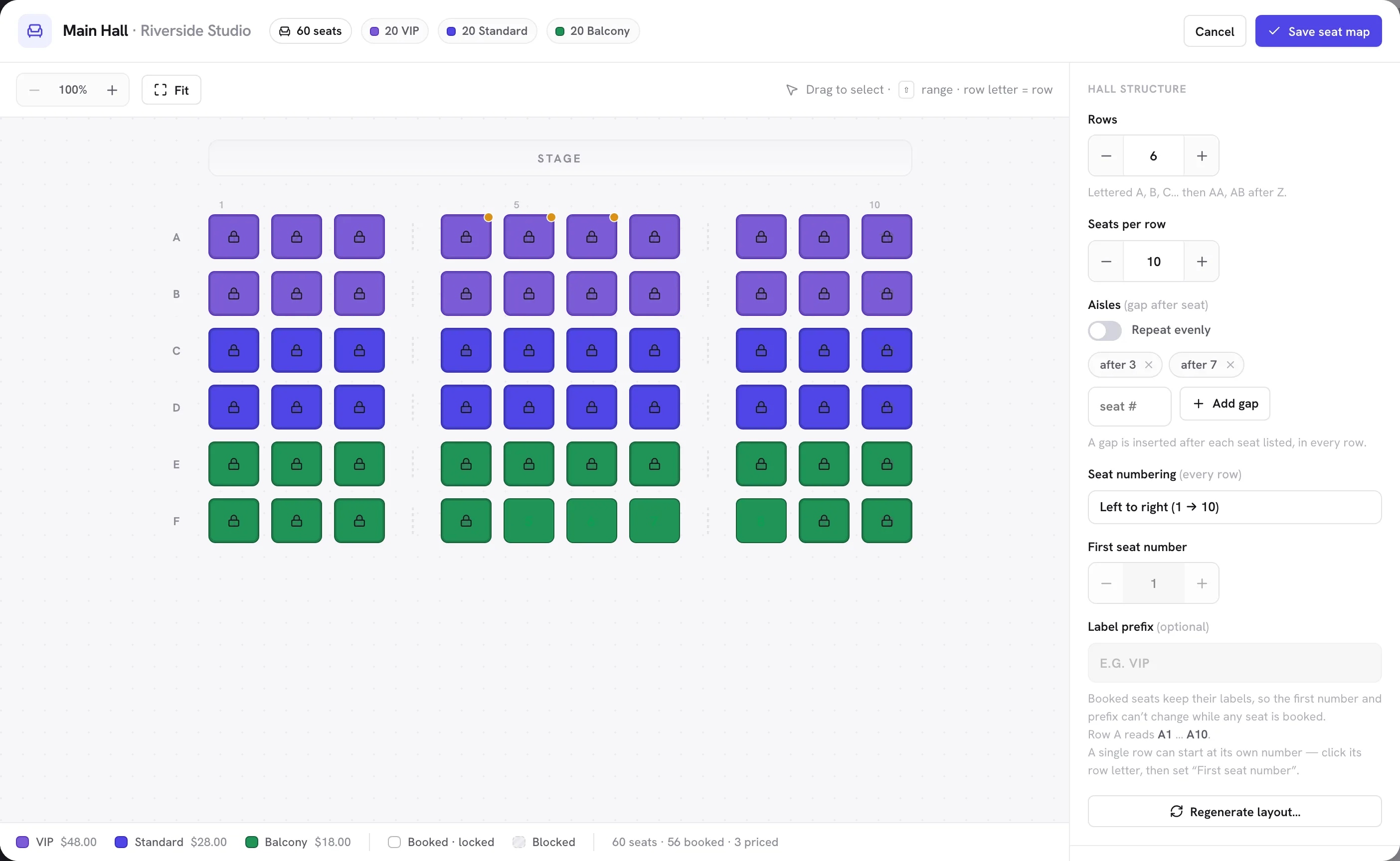 Schedopia seat planner: a stage across the top, lettered rows of numbered seats with aisle gaps, and controls for rows, seats per row and aisles.