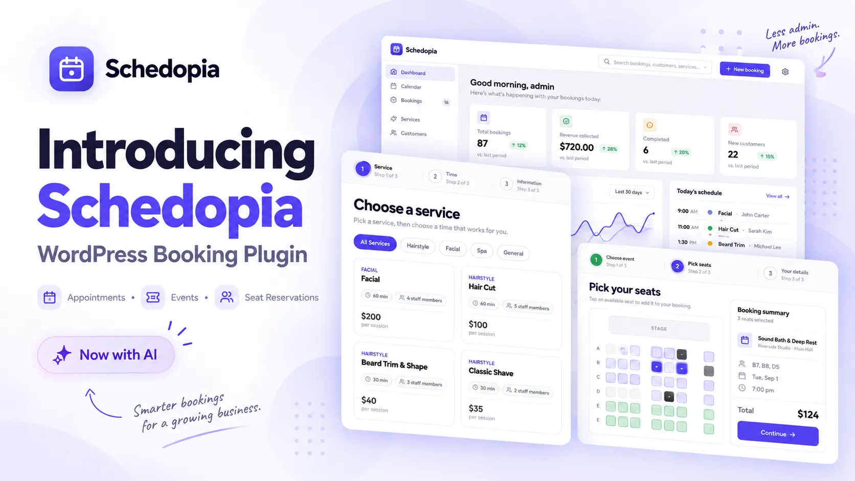 Introducing Schedopia, WordPress booking plugin for appointments, events and seat reservations, now with AI, shown beside the admin dashboard, service picker and seat map.