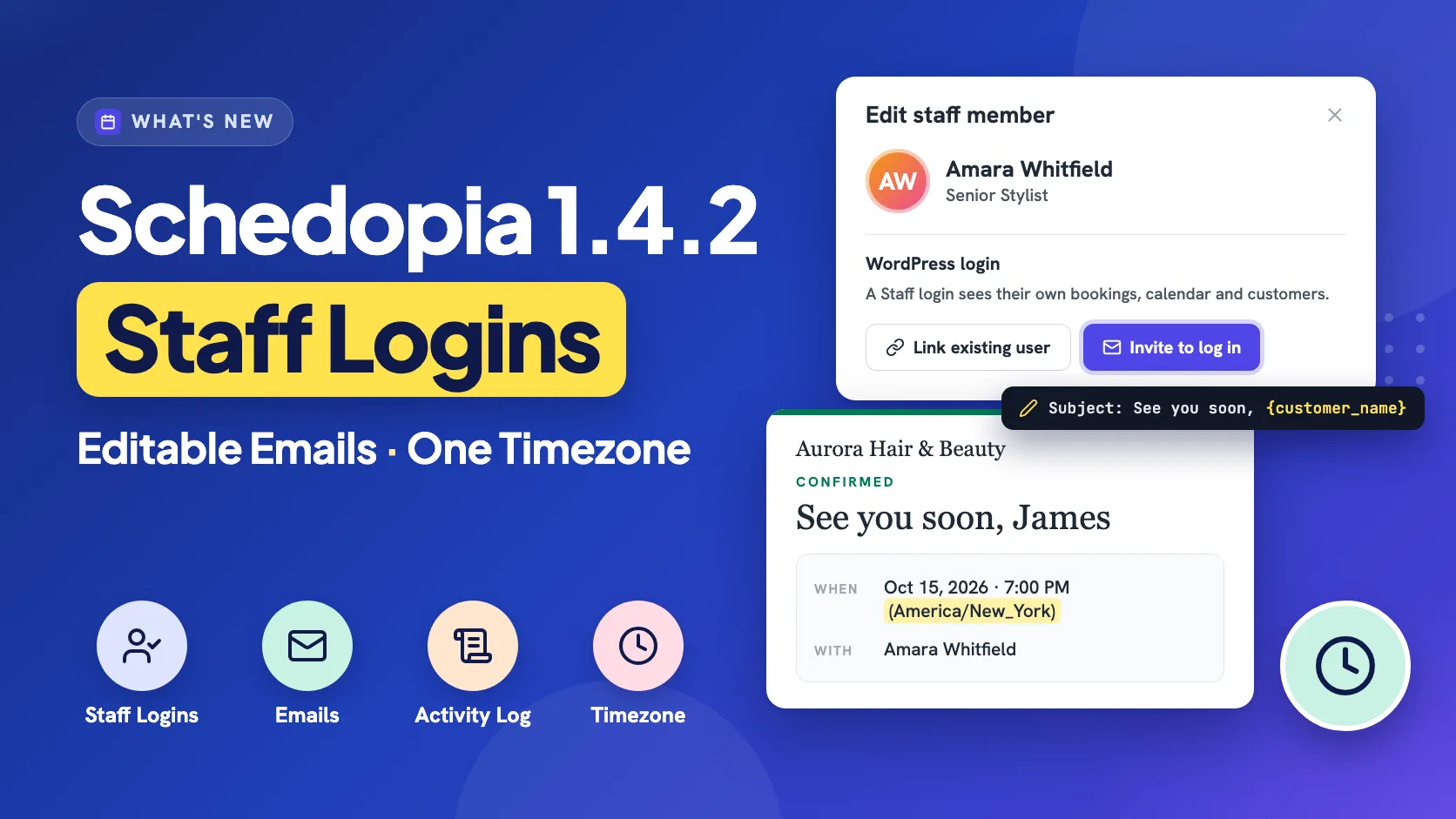 Cover for Schedopia 1.4.2 with the headline Staff Logins, Editable Emails, One Timezone, beside an Edit staff member card with Link existing user and Invite to log in buttons, and a confirmation email showing 7:00 PM (America/New_York).