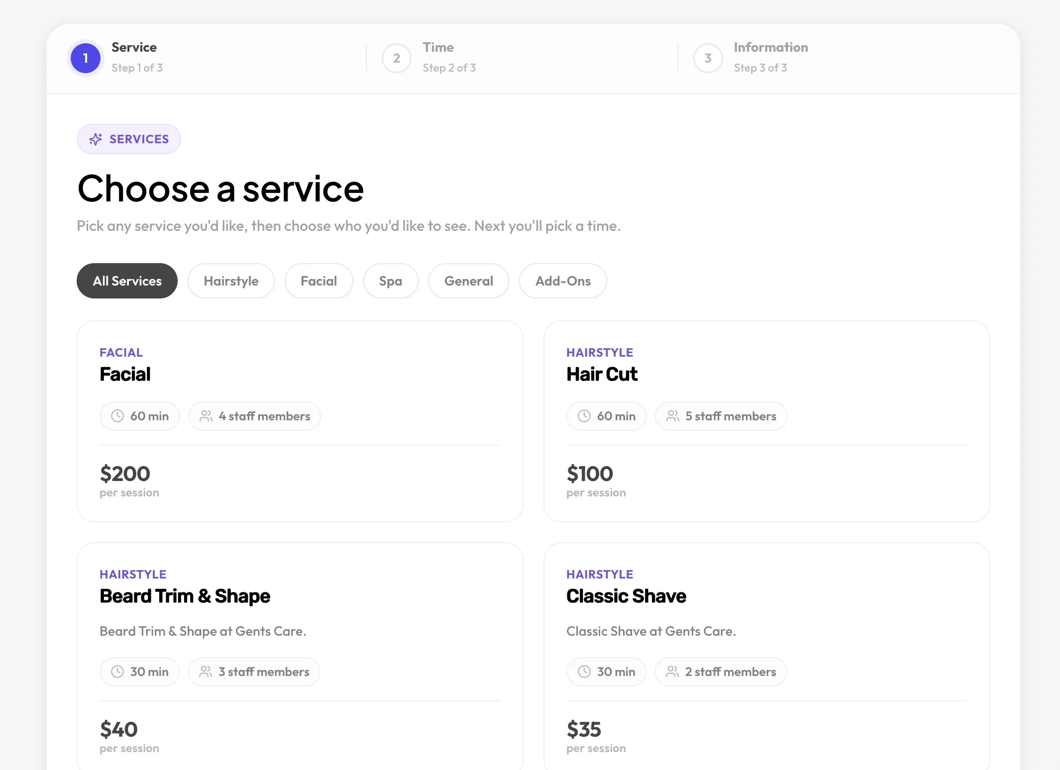 Schedopia booking form, step 1 of 3: a grid of services filtered by category, each showing duration, staff count and price.