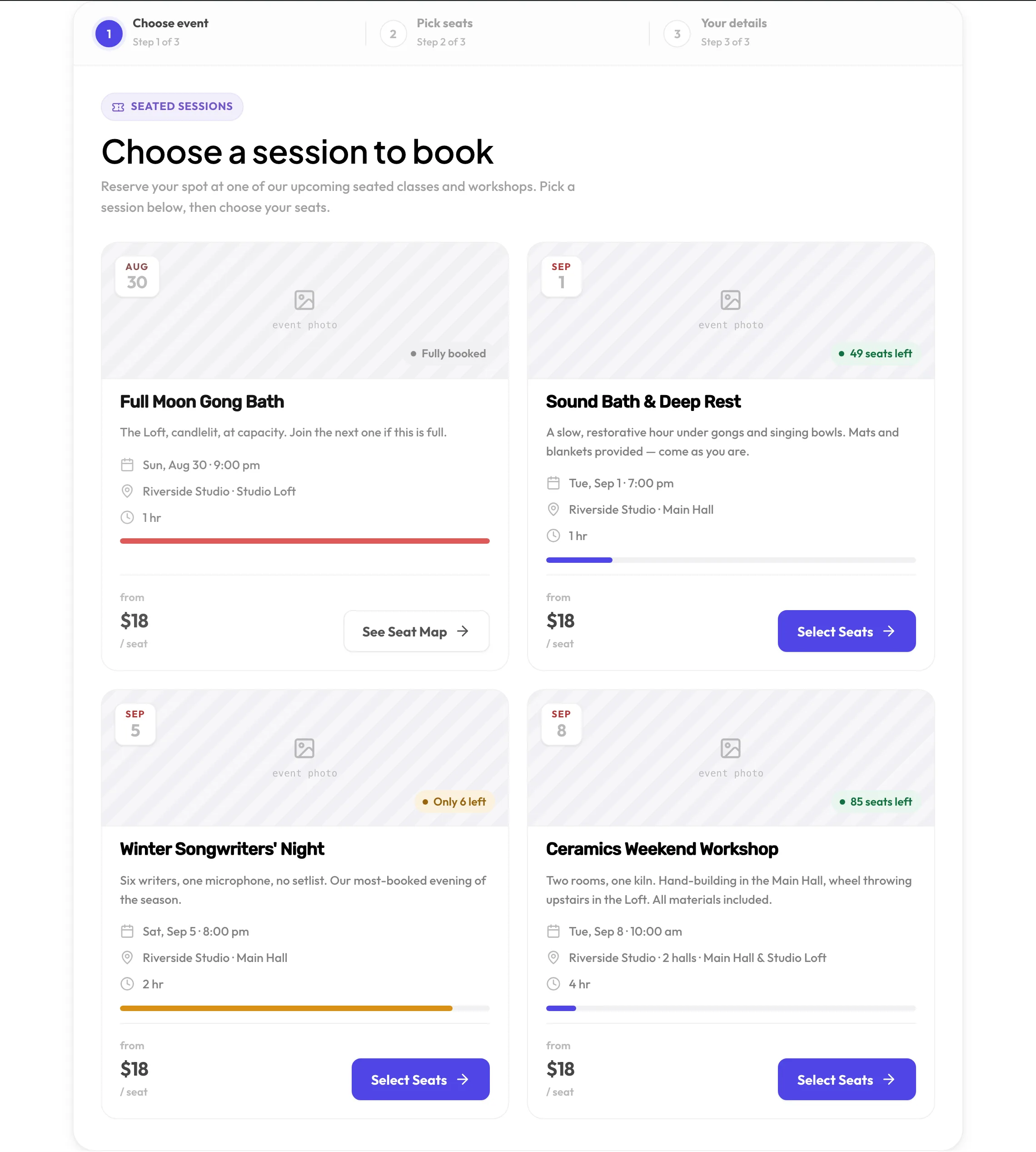 Schedopia event booking, step 1 of 3: upcoming sessions with date, venue and hall, duration, live seats-left count and a from price.