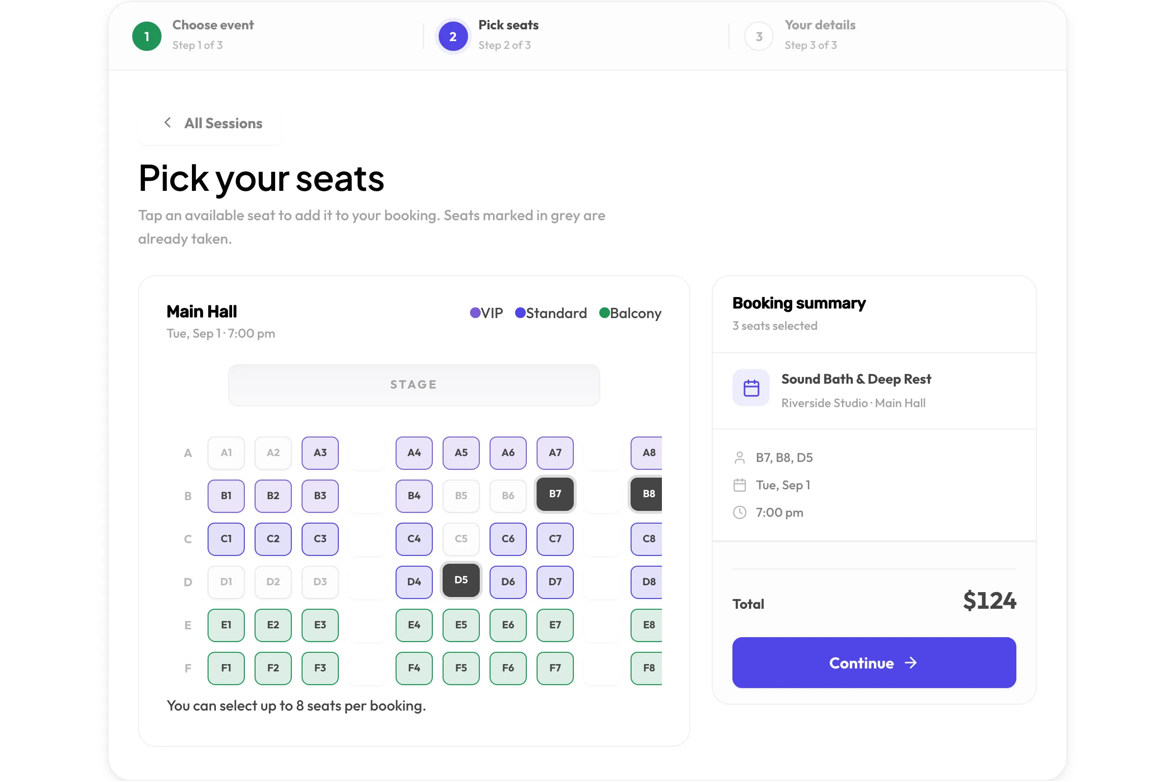 Schedopia seat map for Main Hall: colour-coded VIP, Standard and Balcony tiers, taken seats greyed out, and a booking summary totalling three selected seats.
