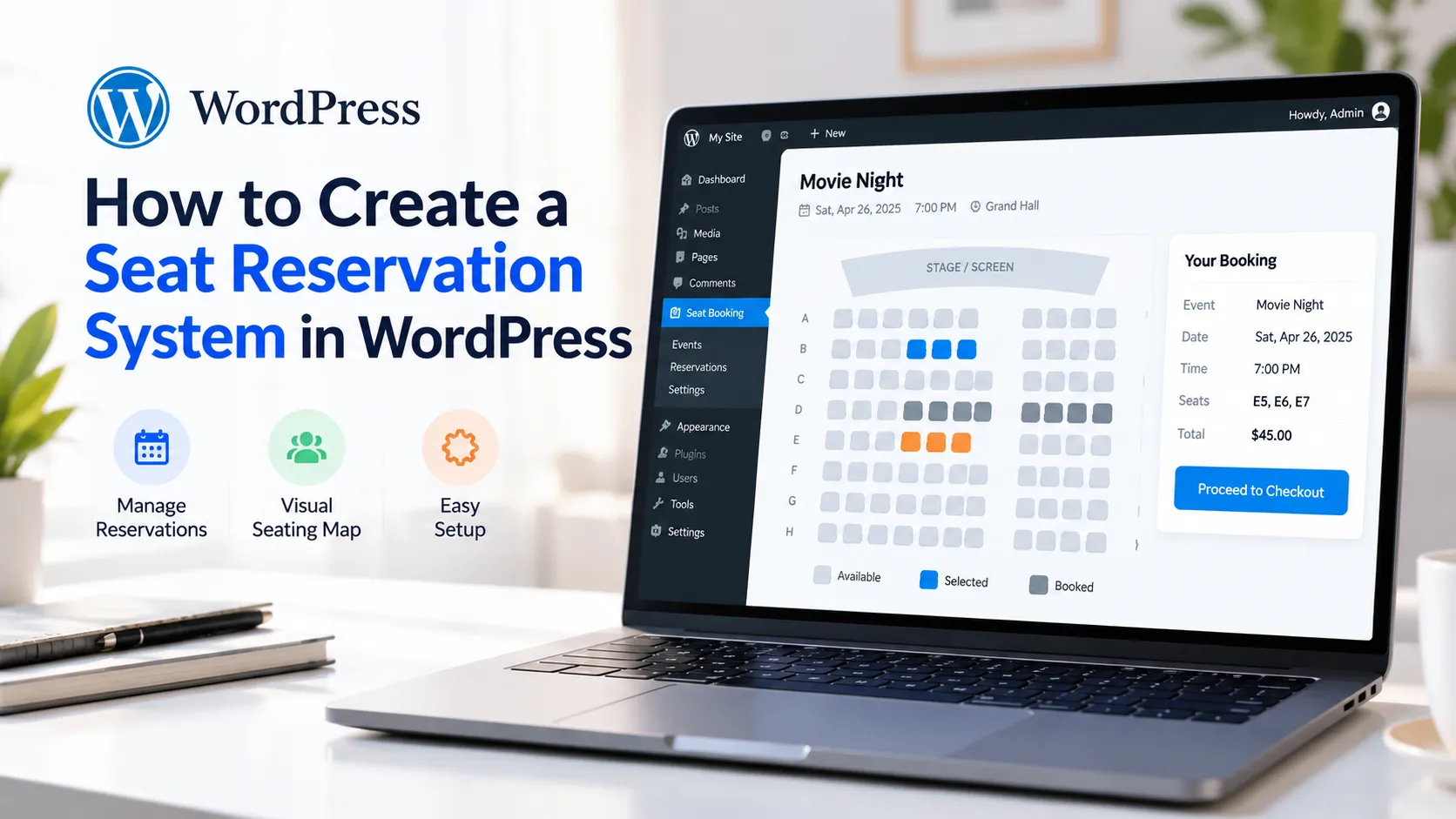 Laptop showing a WordPress seat booking screen with a seat map and booking summary, beside the title How to Create a Seat Reservation System in WordPress.