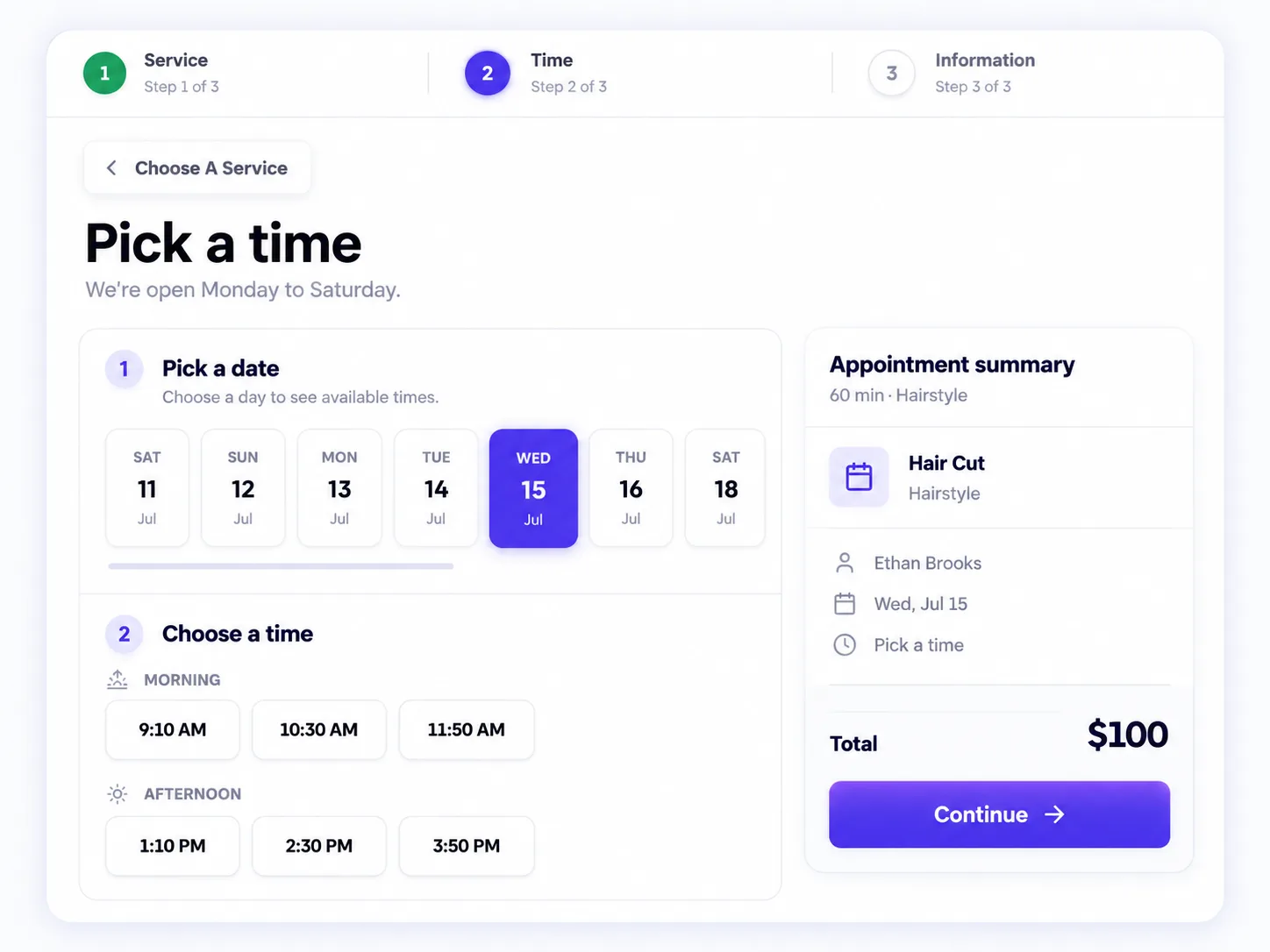 Schedopia booking form, step 2 of 3, Pick a time: a row of dates with Wednesday 15 July selected, morning and afternoon time slots, and an appointment summary for a $100 hair cut.