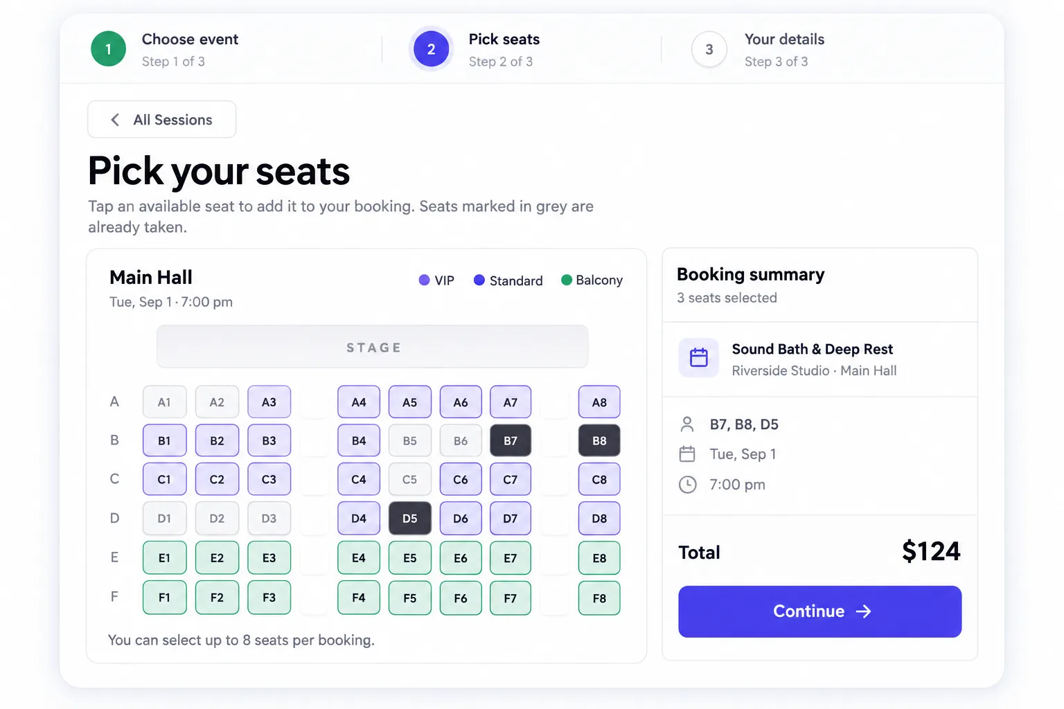 Schedopia booking form, step 2 of 3, Pick your seats: a Main Hall seat map with VIP, Standard and Balcony tiers, taken seats greyed out, seats B7, B8 and D5 selected and a $124 total.