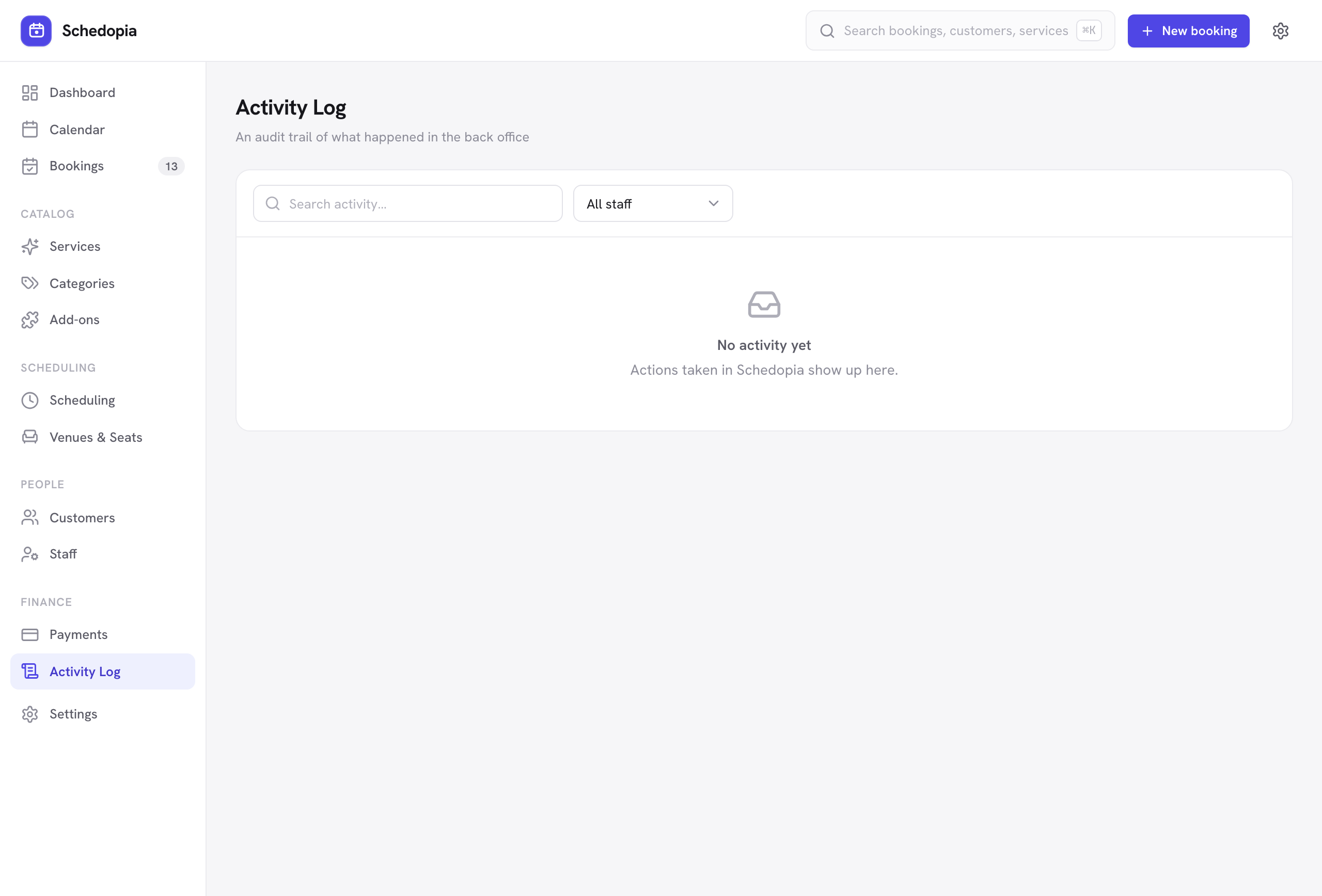 The Activity Log screen listing recent actions with who performed them and when