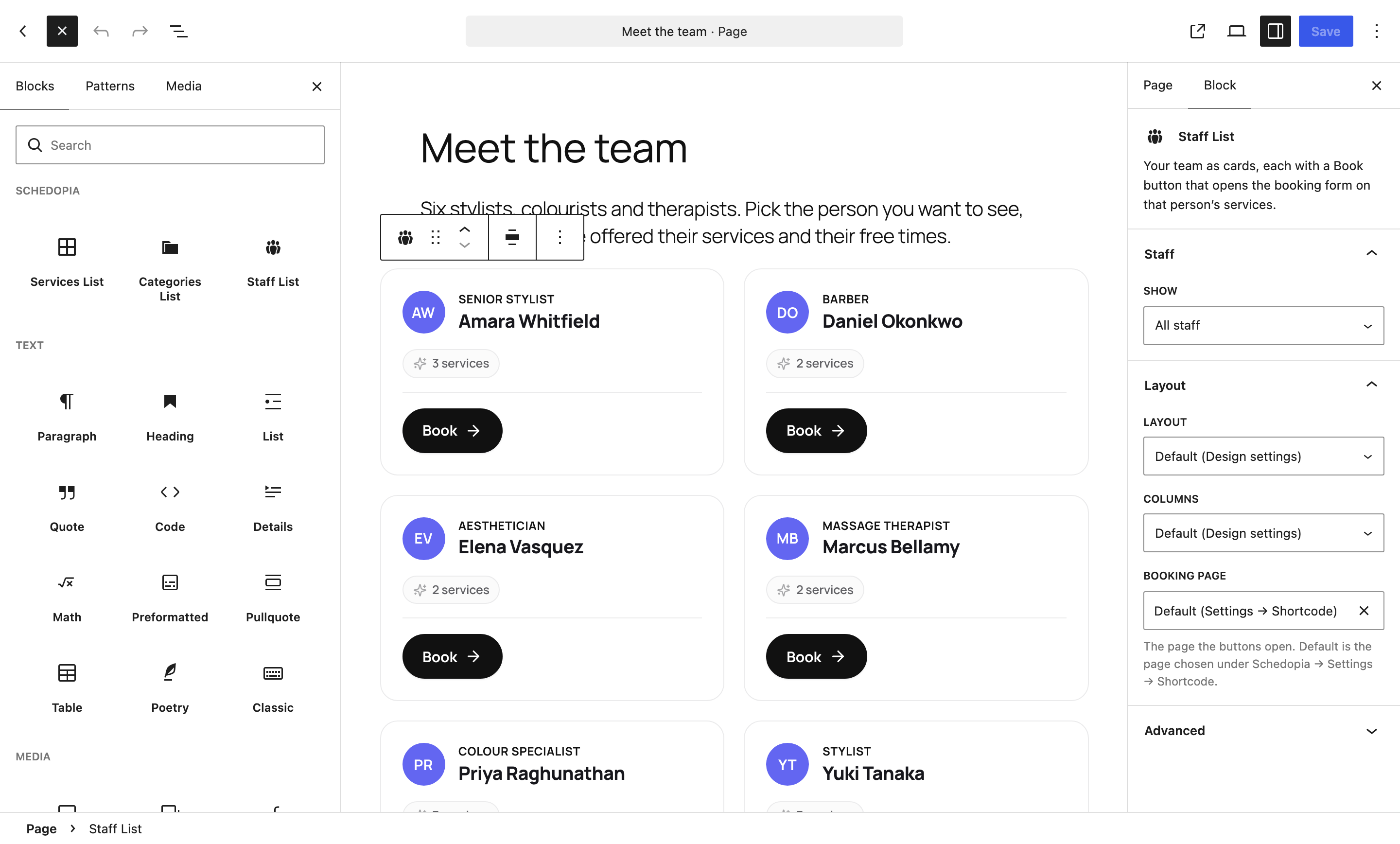 The WordPress block editor on a Meet the team page. The inserter's Schedopia group sits at the top with Services List, Categories List and Staff List blocks. A Staff List block shows team cards, and its sidebar has Show set to All staff, Layout and Columns on Default (Design settings) and Booking page on Default (Settings → Shortcode).