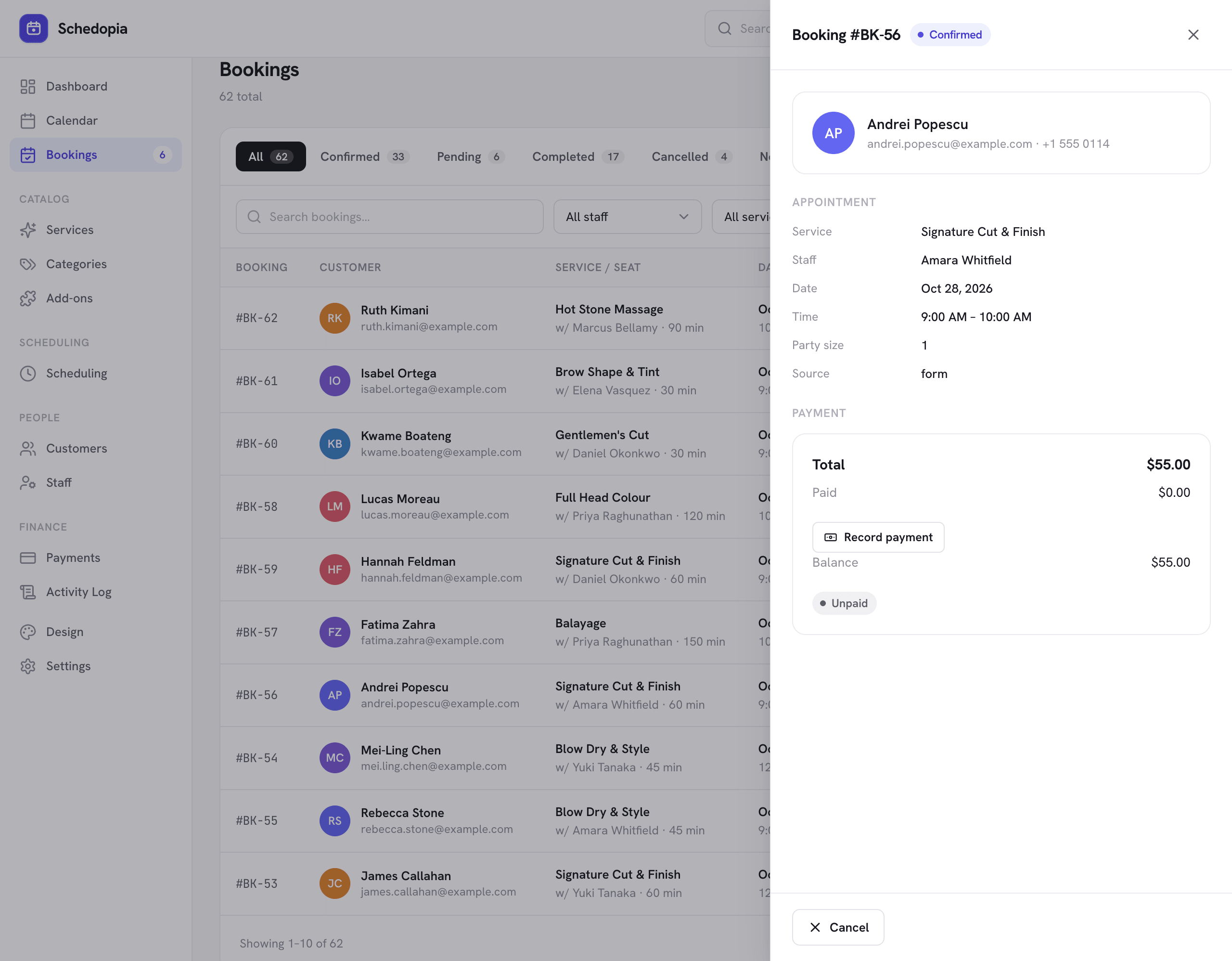 Schedopia's Bookings screen with the drawer open for booking BK-56, a confirmed Signature Cut and Finish with Amara Whitfield on 28 October 2026, 9:00 to 10:00 AM, booked through the form, showing a $55.00 total, $0.00 paid, a Record payment button, a $55.00 balance, an Unpaid badge and a Cancel button.