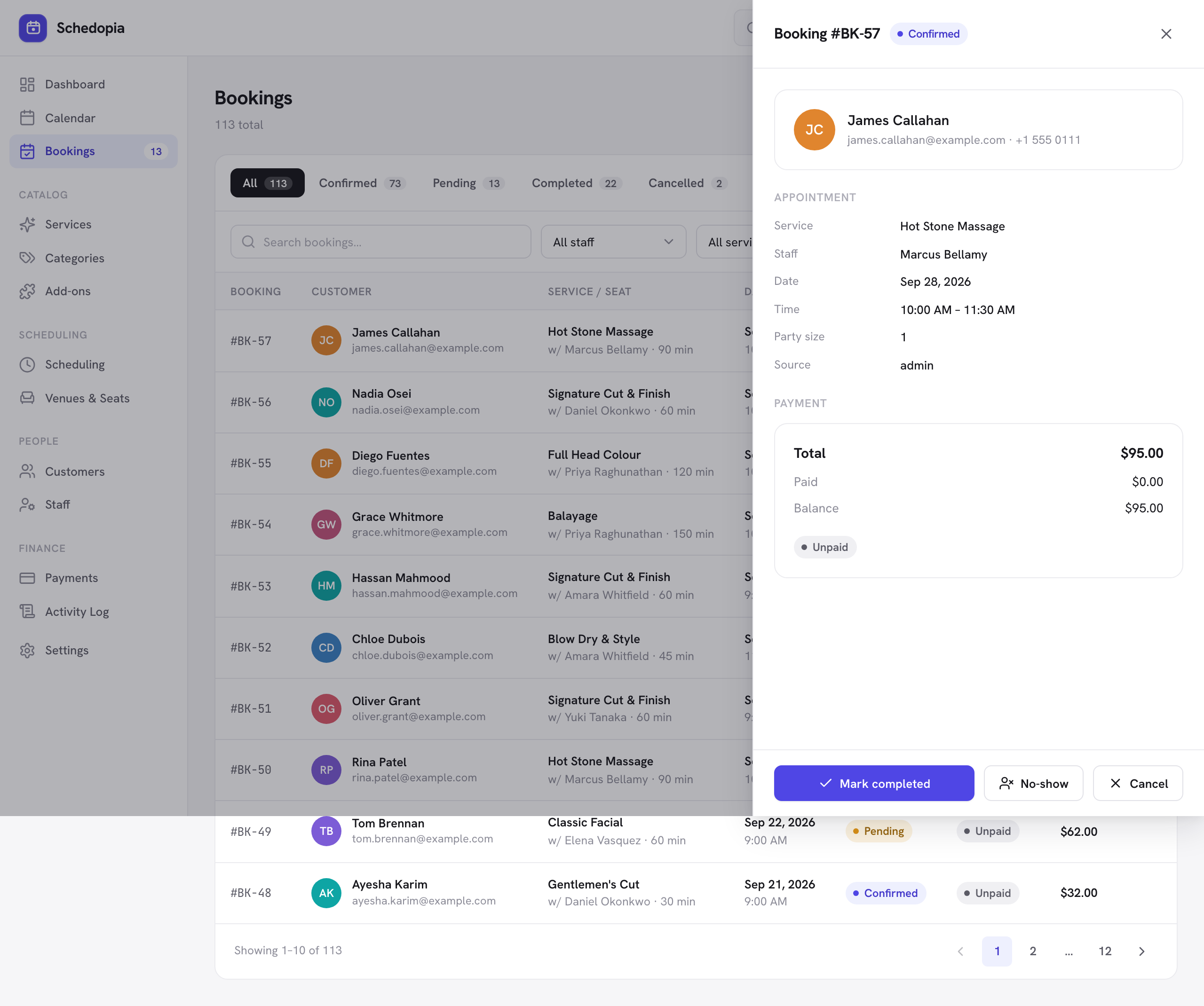 The booking details drawer showing the customer, appointment details, payment summary and status actions