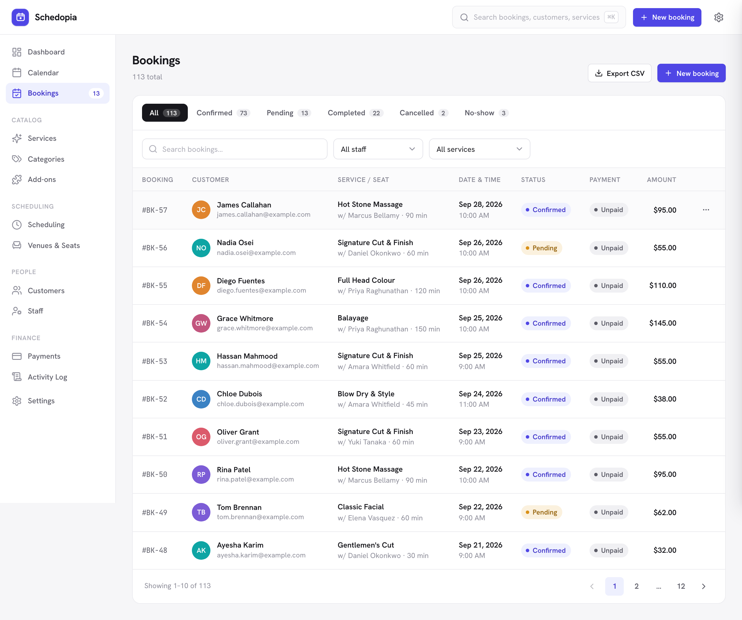 The bookings list with status tabs, search, staff and service filters, an Export CSV button, and a paginated table of bookings