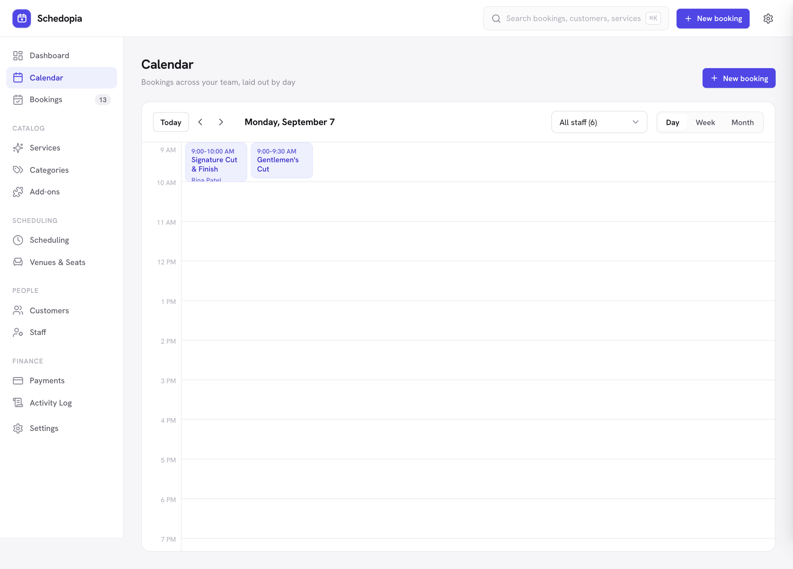 The Schedopia calendar showing bookings laid out by day and time