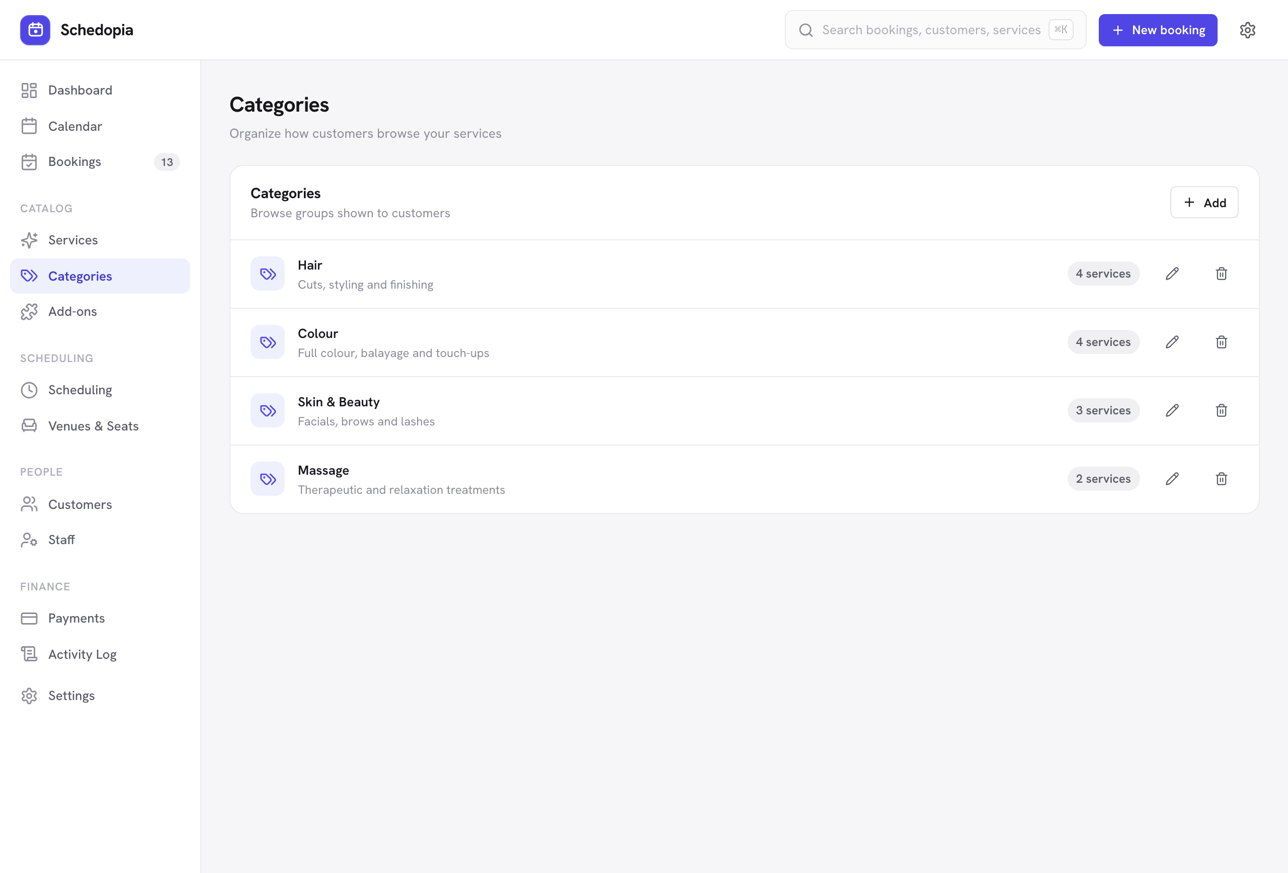 The Categories screen listing service categories