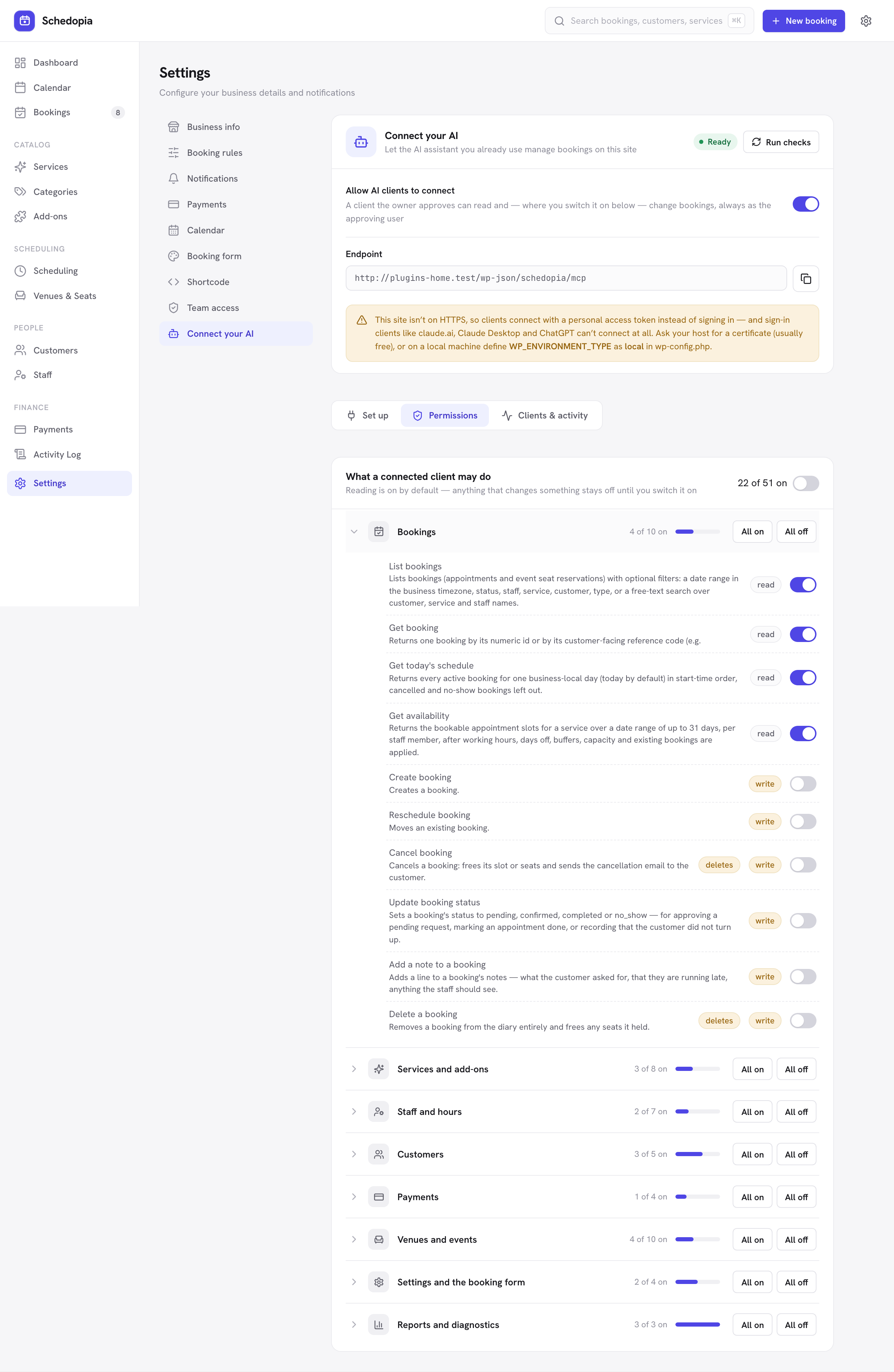 The Permissions panel with tools grouped by area, one group expanded to show individual switches
