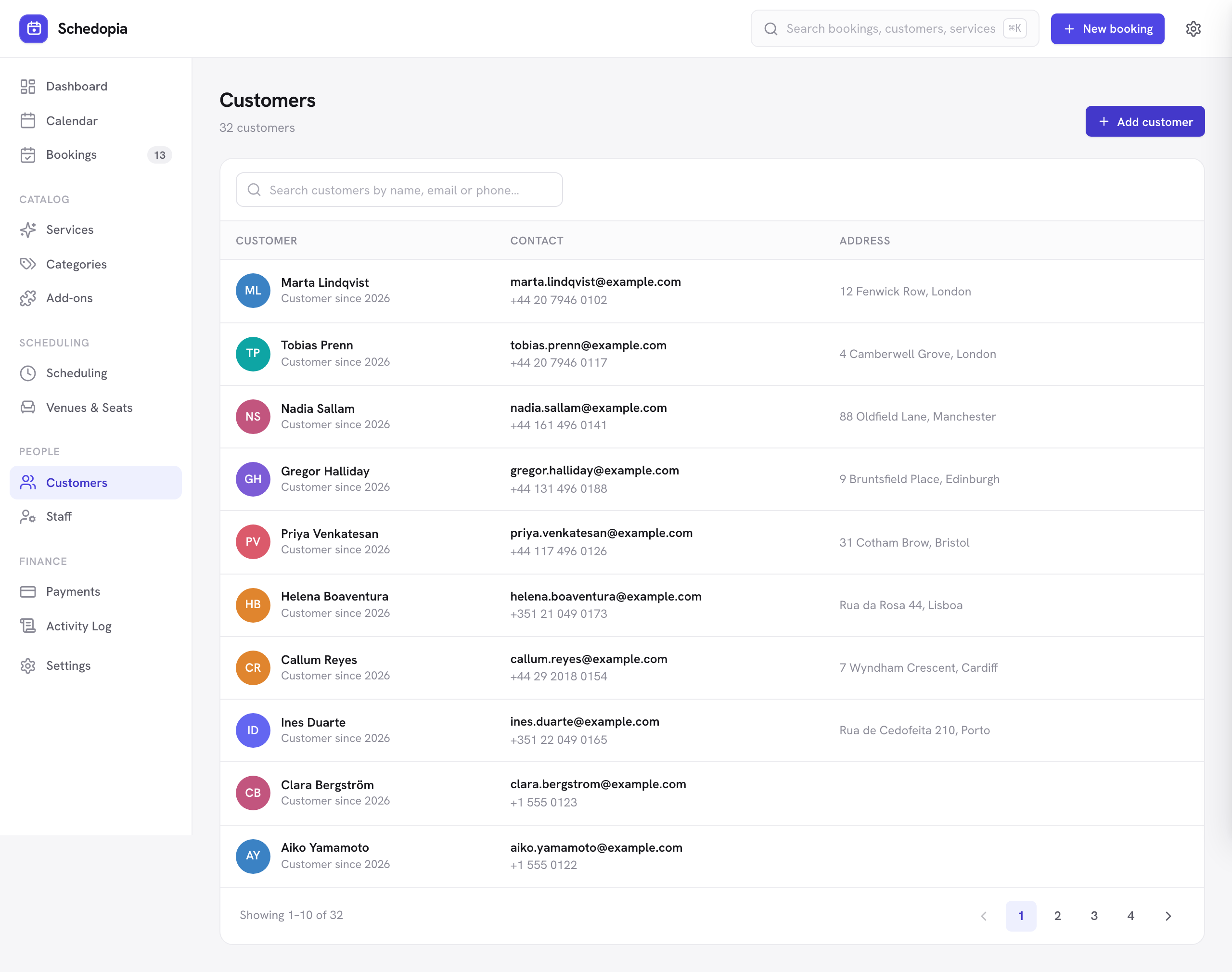 The Customers screen listing customers with their contact details and booking counts