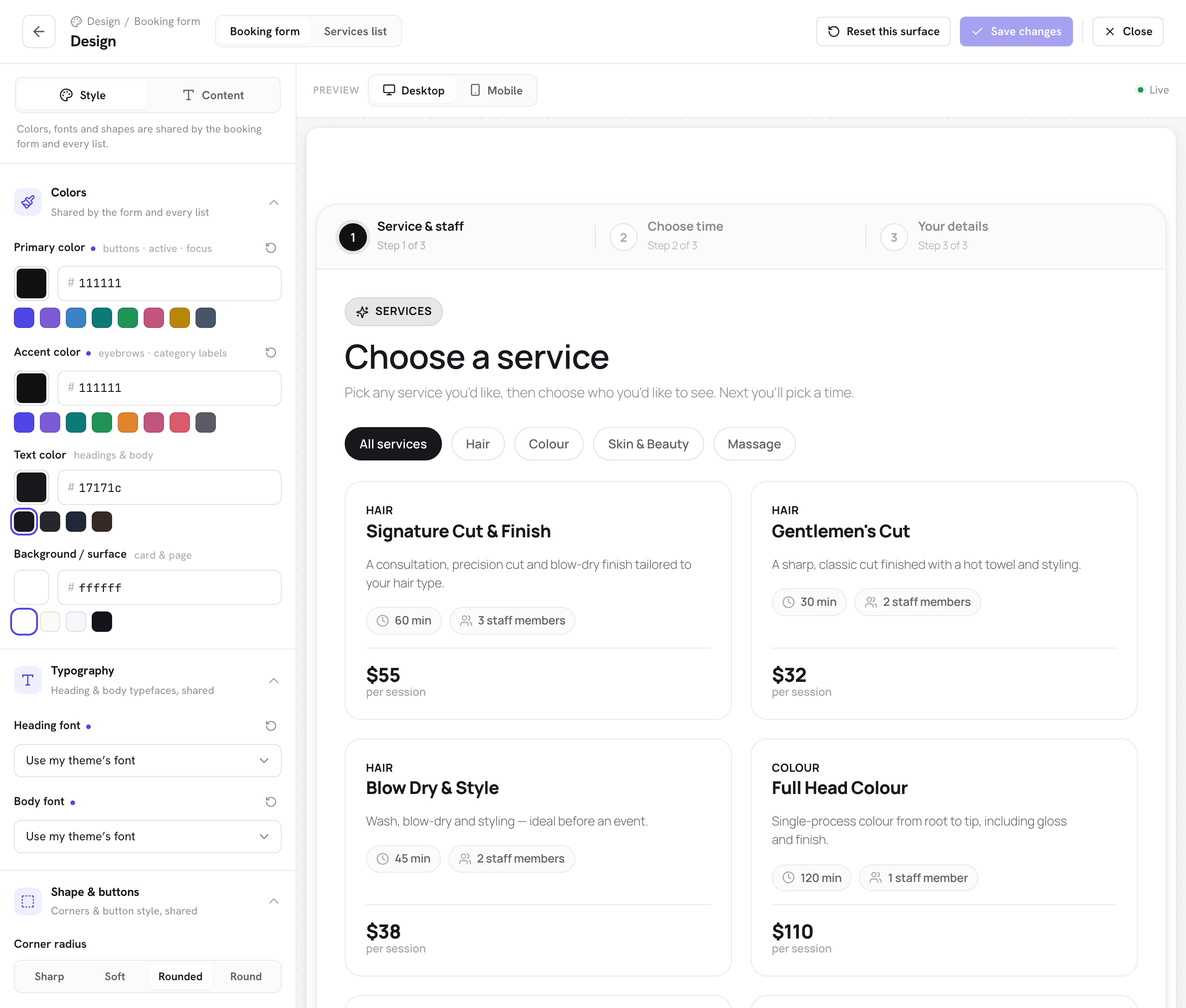 Schedopia's Design screen for the booking form, with the primary colour set to near-black, Heading font and Body font both set to Use my theme's font, and a live desktop preview of the form beside the settings.