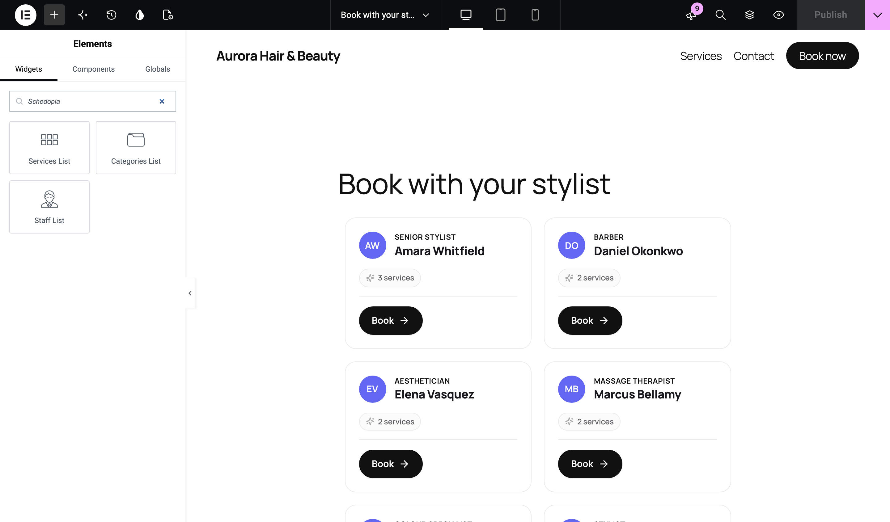 Elementor's editor with Schedopia typed into the widget search, finding the Services List, Categories List and Staff List widgets, beside a page called Book with your stylist where the Staff List widget shows team cards with Book buttons.