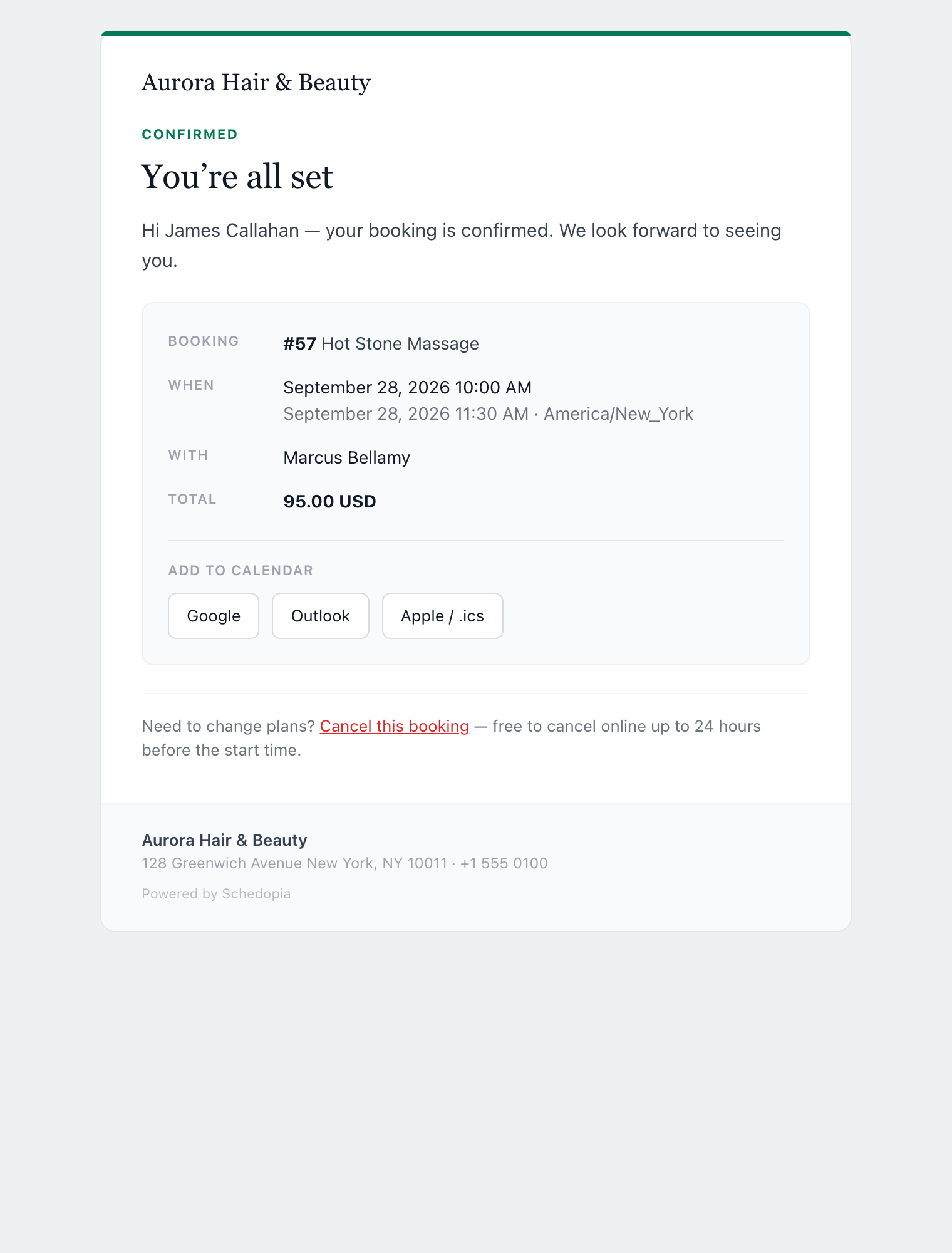 A Schedopia booking confirmation email showing the business name, appointment details panel and add-to-calendar buttons