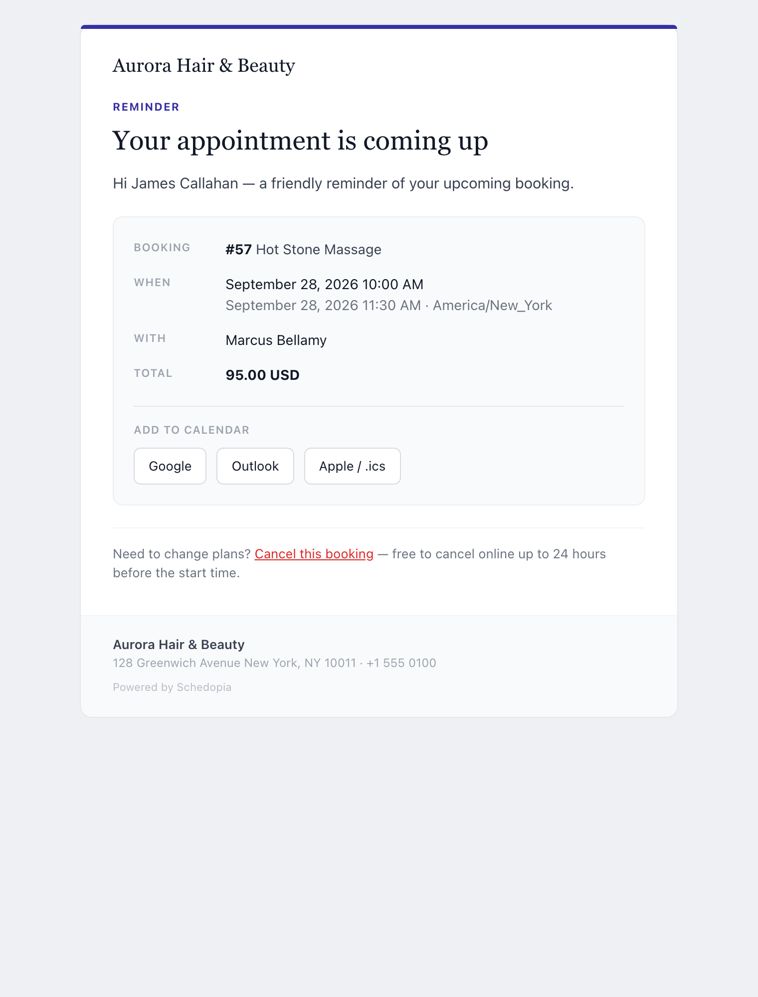 A Schedopia appointment reminder email