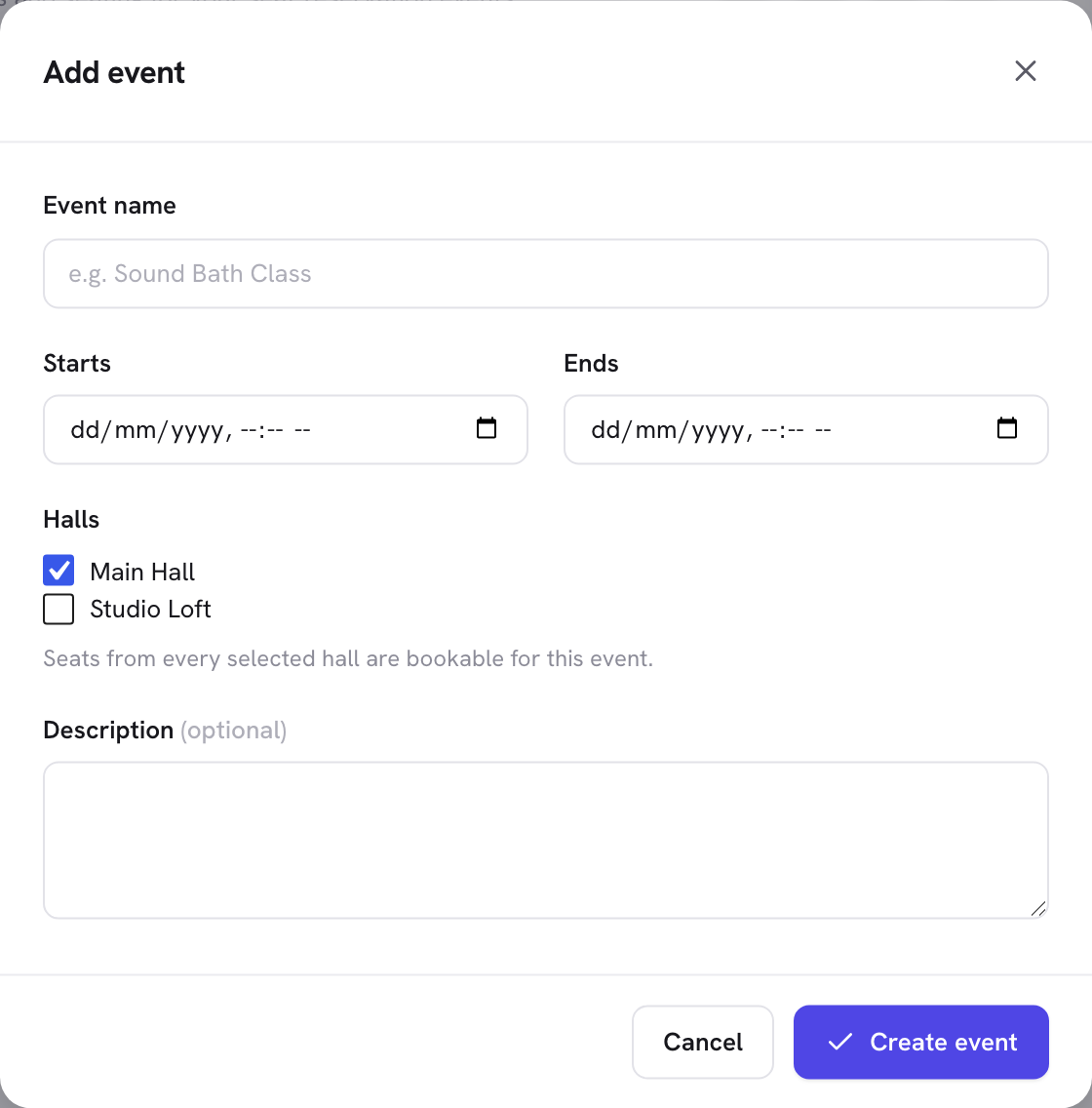 The Add event dialog with a name, halls to open, a start and end time and a description