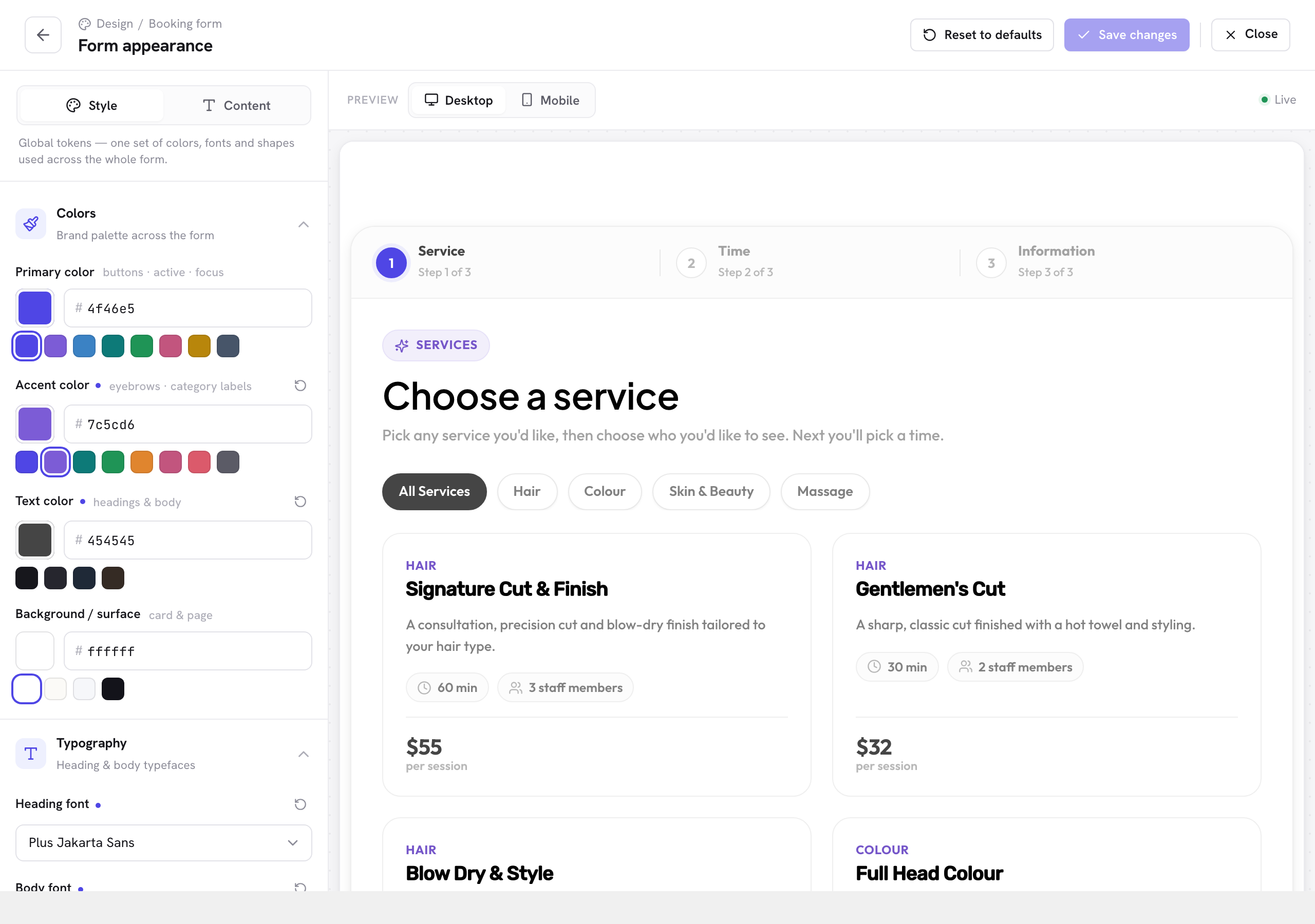 The Form Appearance customizer with colour, font and shape controls beside a live preview of the booking form