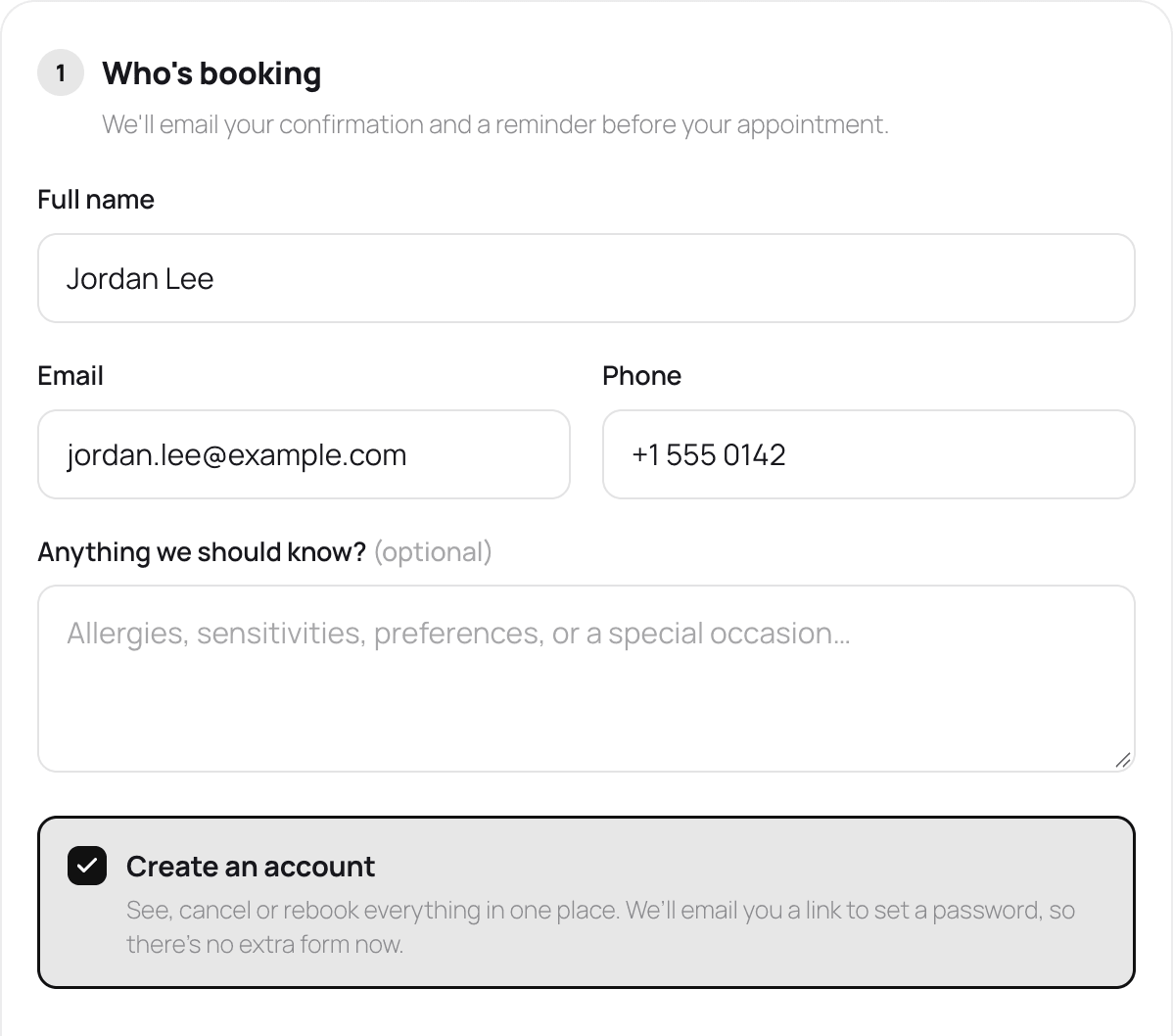 The Who's booking step of a Schedopia booking form filled in for Jordan Lee, with a ticked Create an account box: See, cancel or rebook everything in one place. We'll email you a link to set a password, so there's no extra form now.