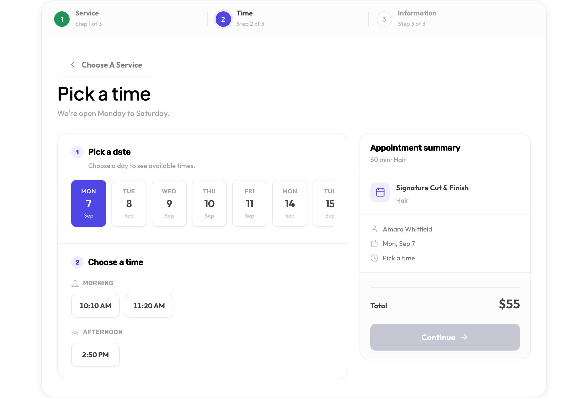 The booking form's information step with name, email, phone and notes fields