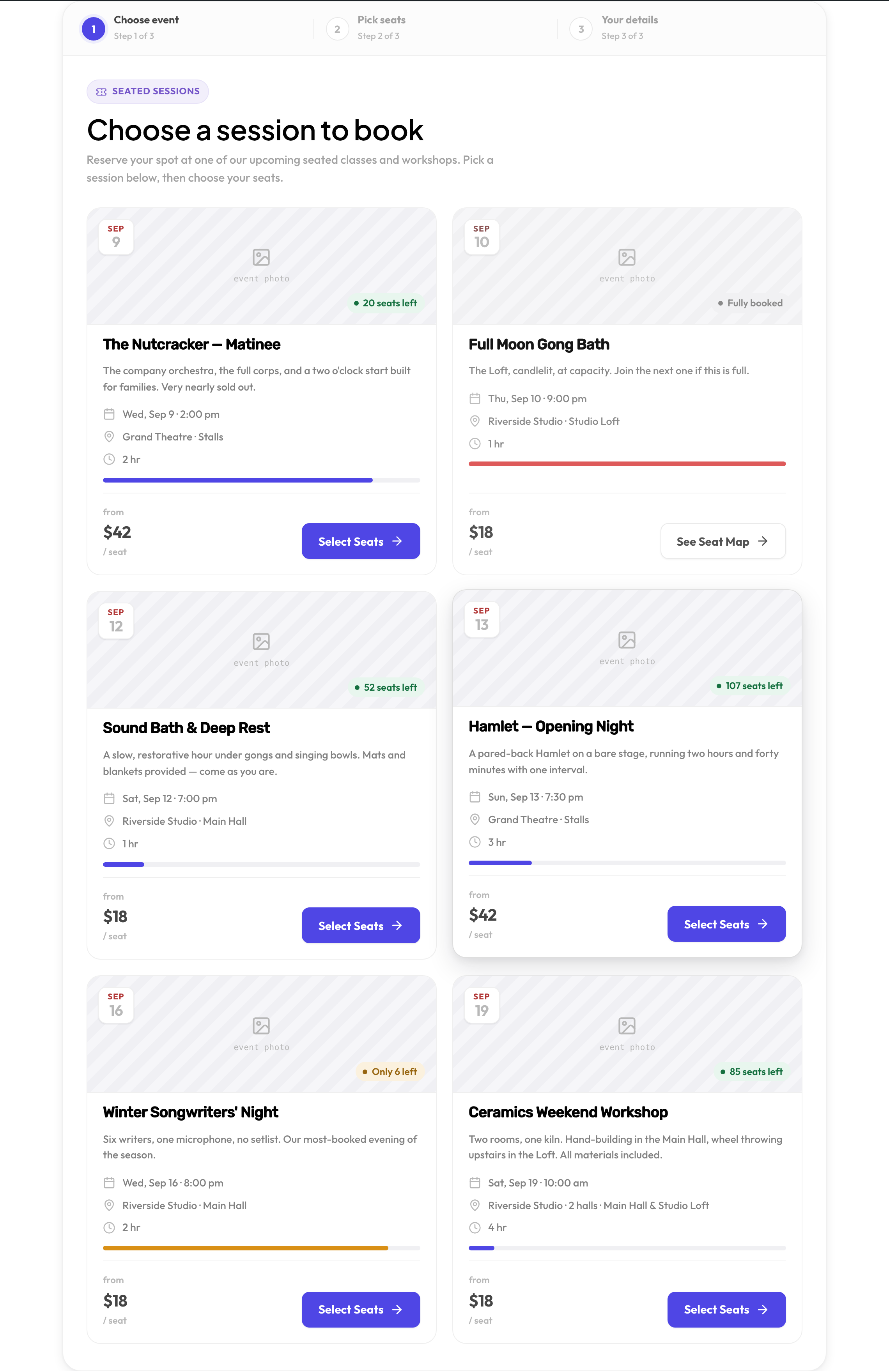 The events list on the public form: cards with a date badge, seats-left badge, venue and hall, duration, an availability meter and a from price