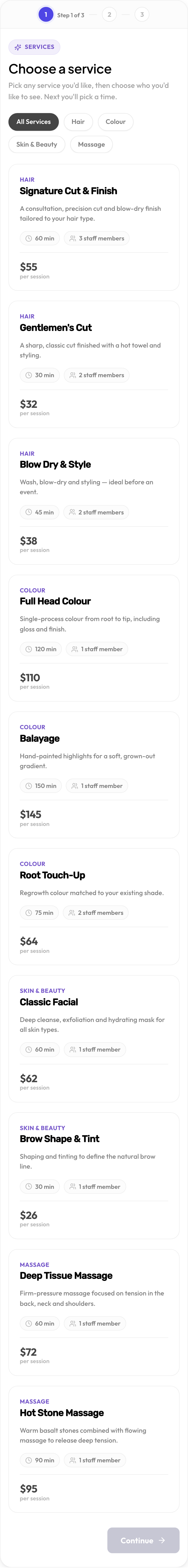 The booking form rendered at mobile width