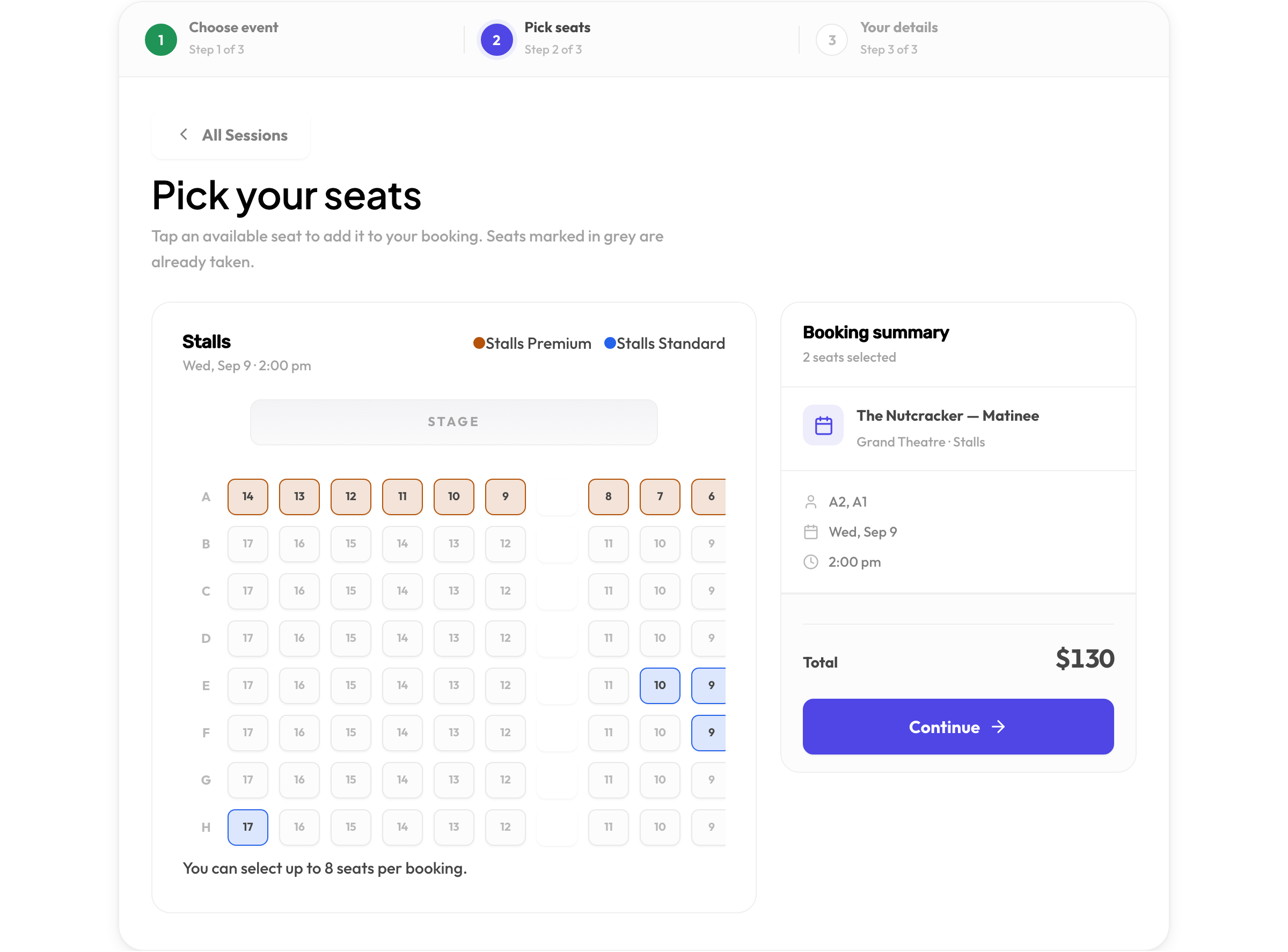 The seat map on the public form: a stage, lettered rows of seats tinted by tier, taken seats greyed out, seats selected, and a running total on the right