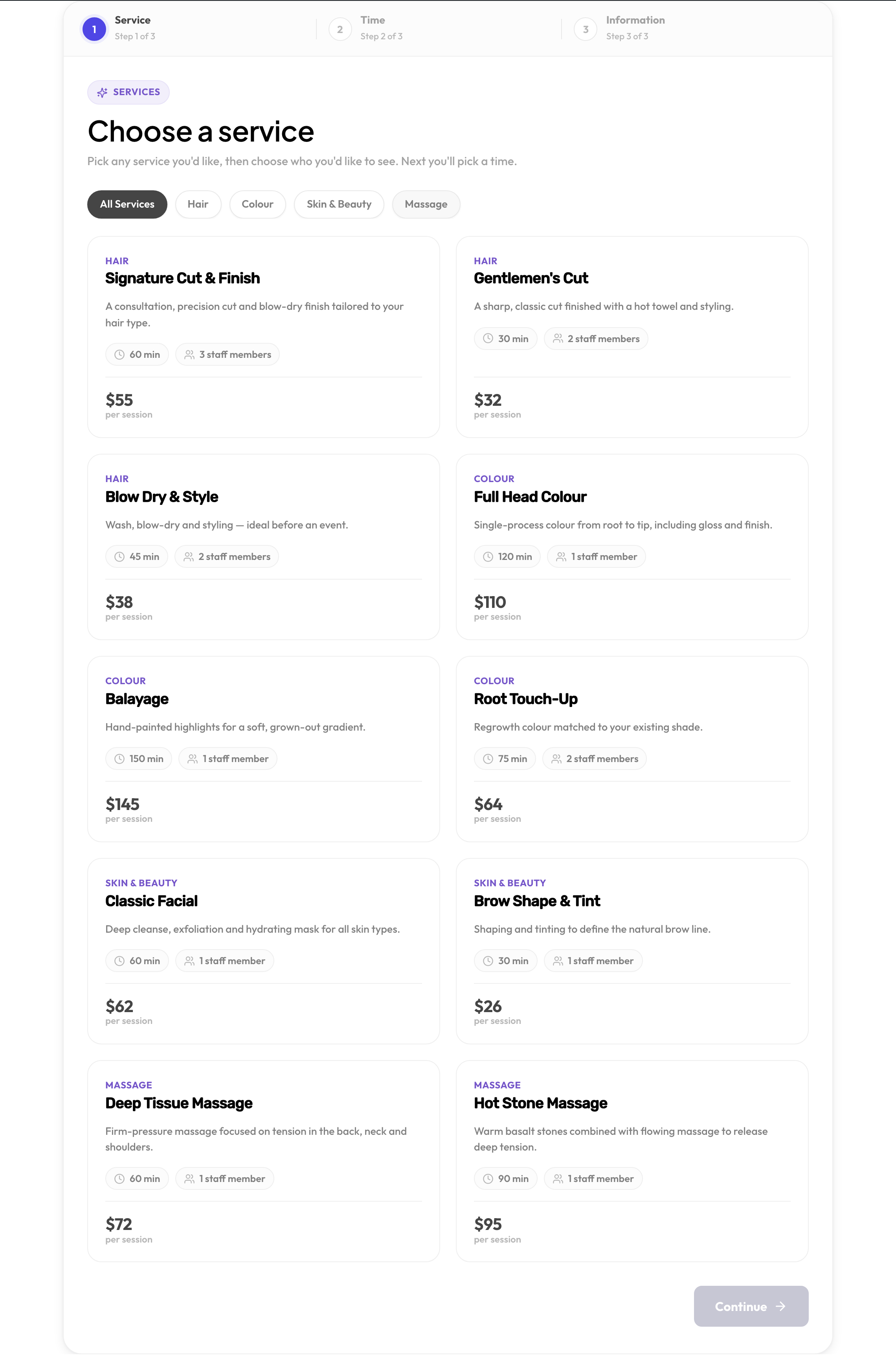 The booking form's service step, showing category filter chips and service cards with duration, staff count and price