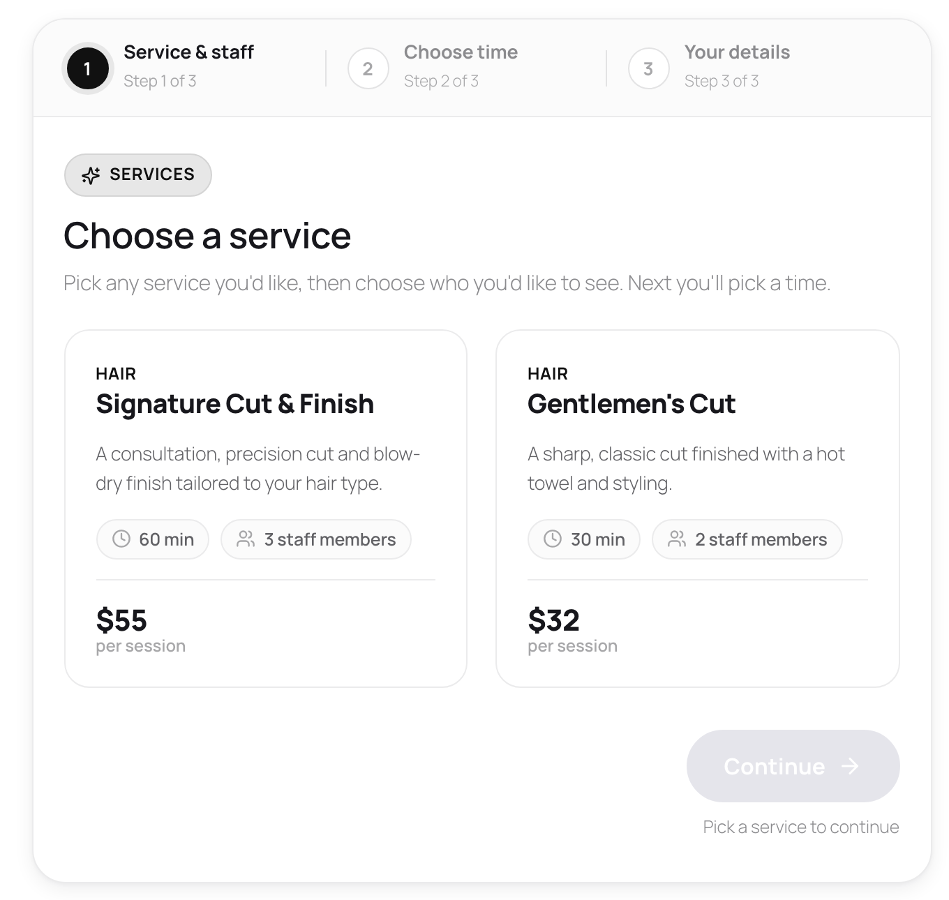 The Schedopia booking form opened from Daniel Okonkwo's card, on the Choose a service step, offering only two services, Signature Cut and Finish at 55 dollars and Gentlemen's Cut at 32 dollars, with no category filters.