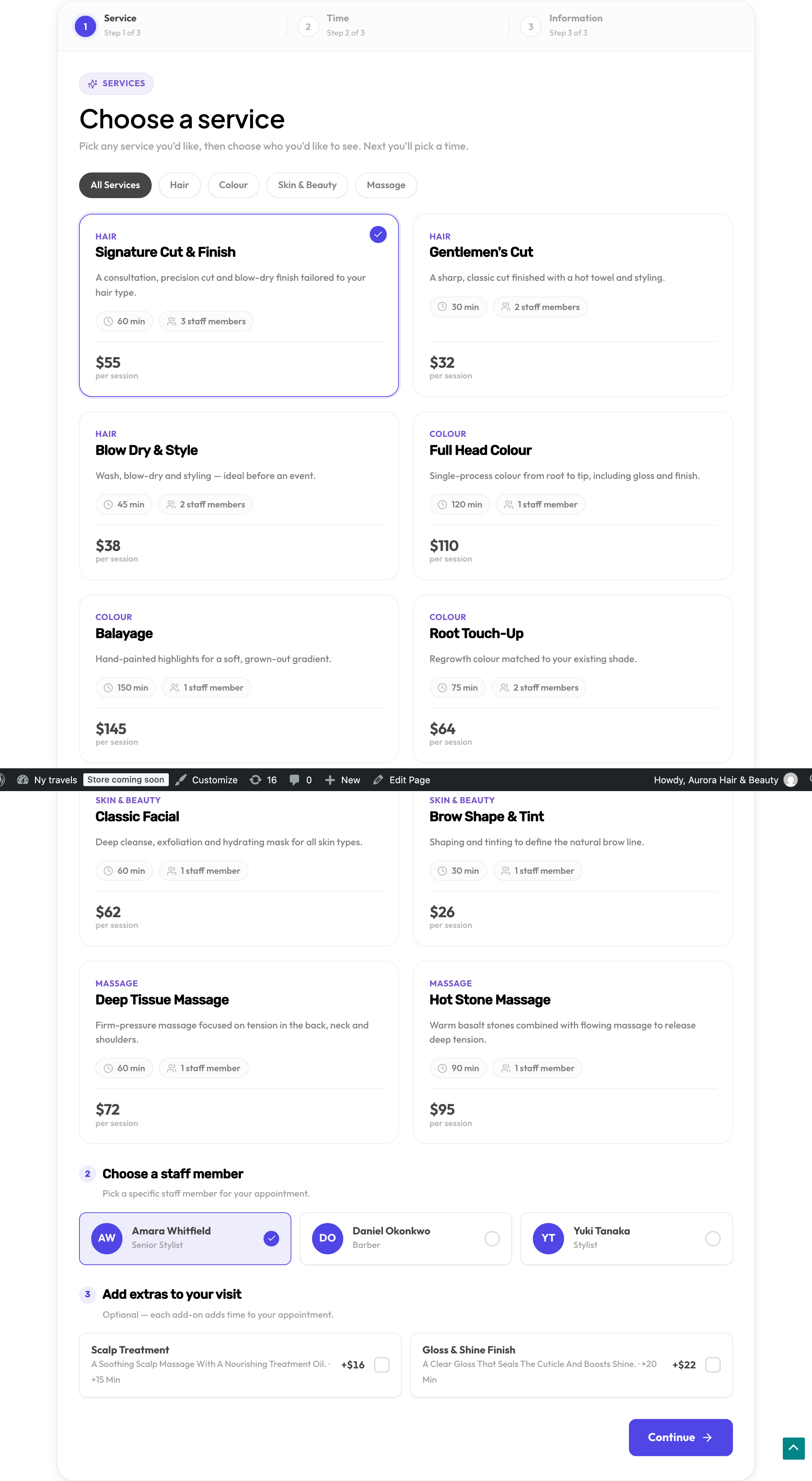 The booking form's time step, showing a date strip and available times grouped into morning, afternoon and evening