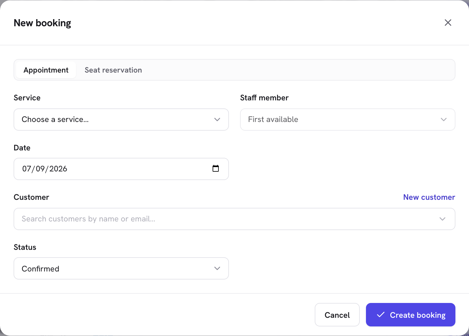The New booking dialog with service, staff, date, customer and status fields