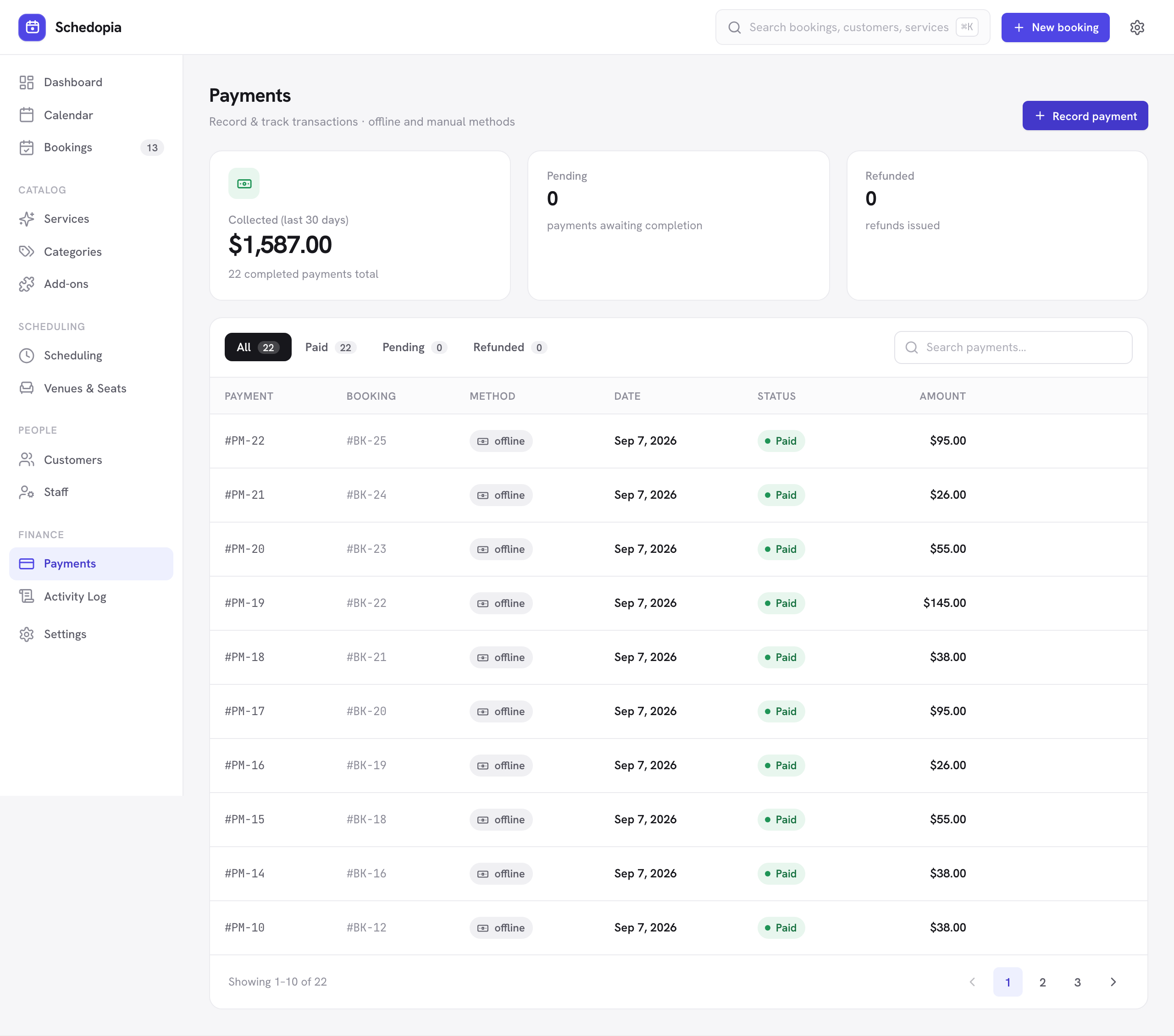The Payments screen listing recorded payments with method, amount and status