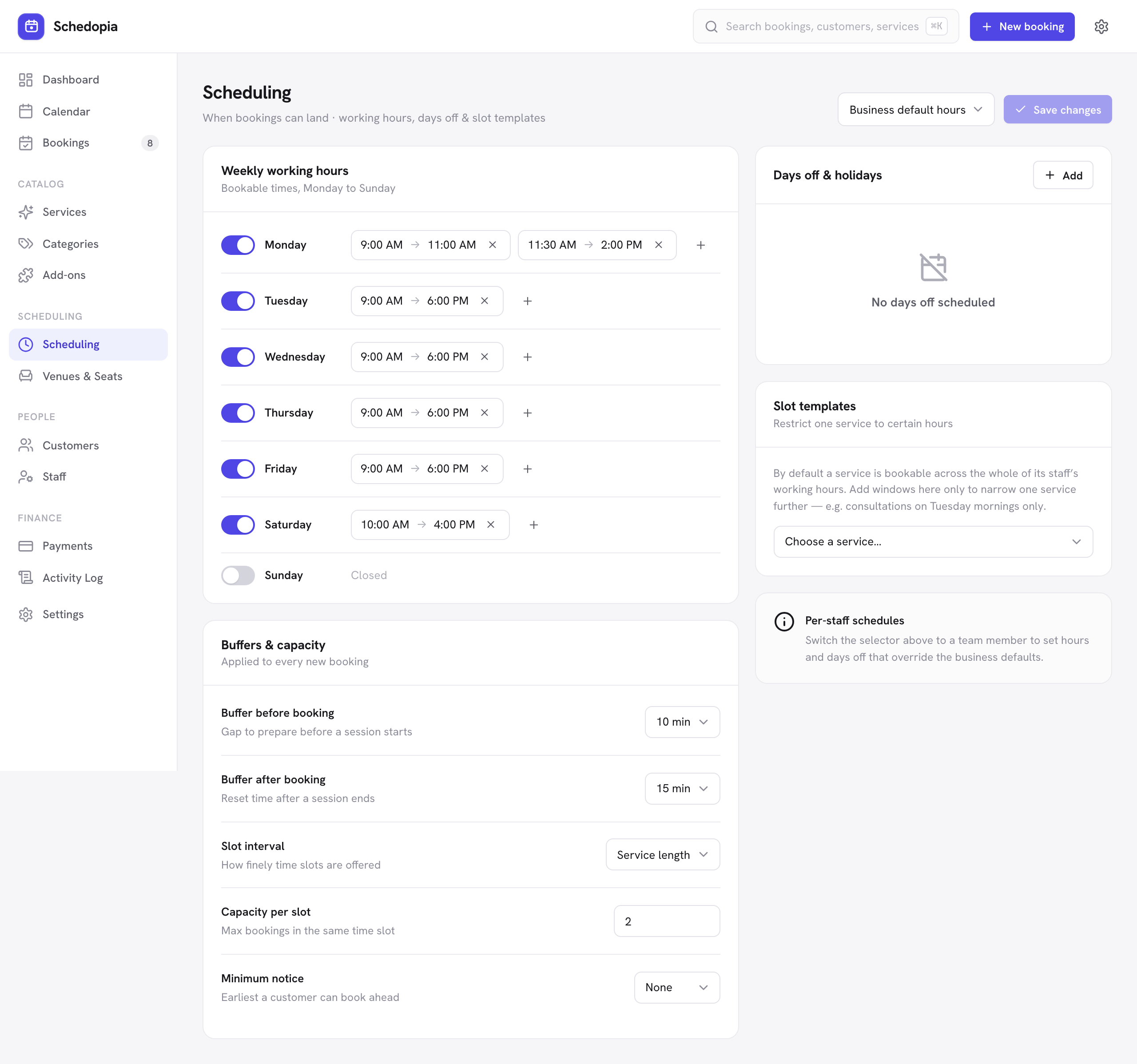 The Scheduling screen showing weekly working hours, days off, slot templates, and the business-wide buffers, capacity, slot interval and minimum notice
