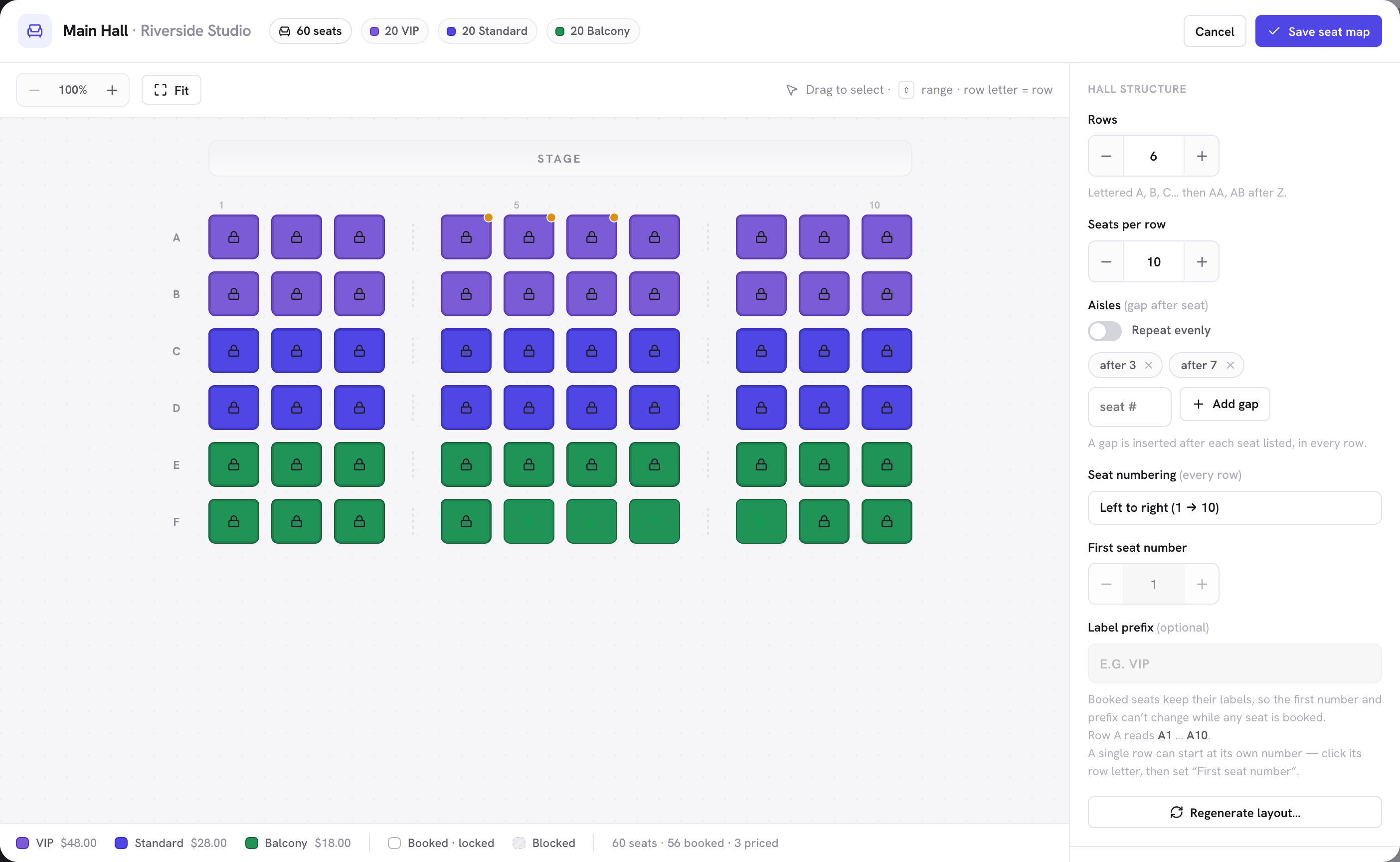 The seat planner: a stage across the top, lettered rows of numbered seats with aisle gaps, and controls for rows, seats per row and aisles