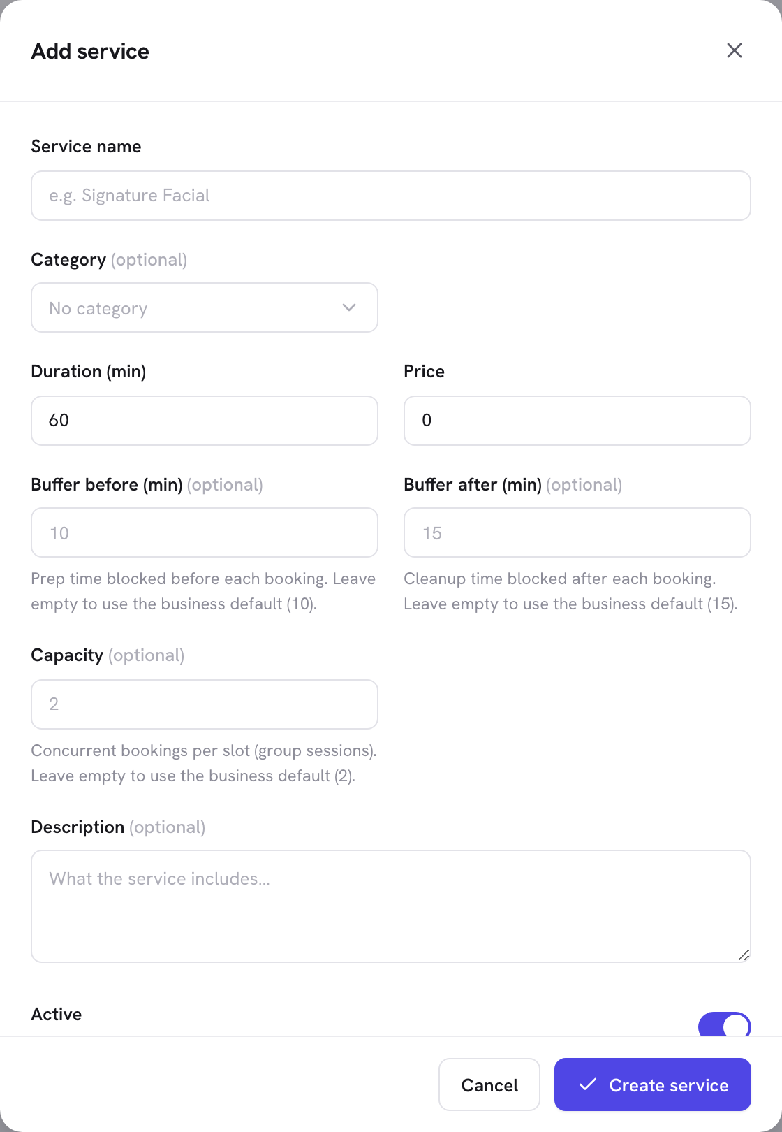 The new service dialog showing name, optional category, description, duration, price, and the buffers and capacity fields that inherit the business default when left empty