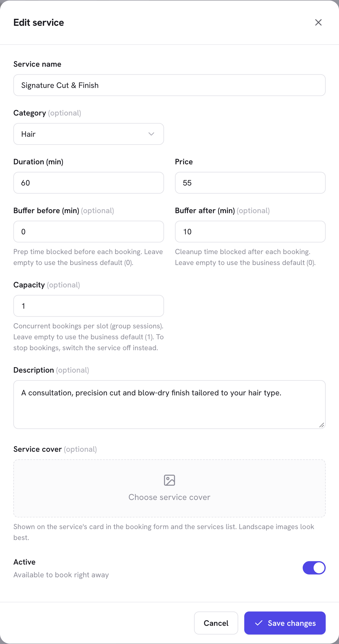 Schedopia's Edit service dialog for Signature Cut and Finish in the Hair category: duration 60 minutes, price 55, buffer before 0, buffer after 10, capacity 1, a one-line description, an empty service cover and the Active switch on.