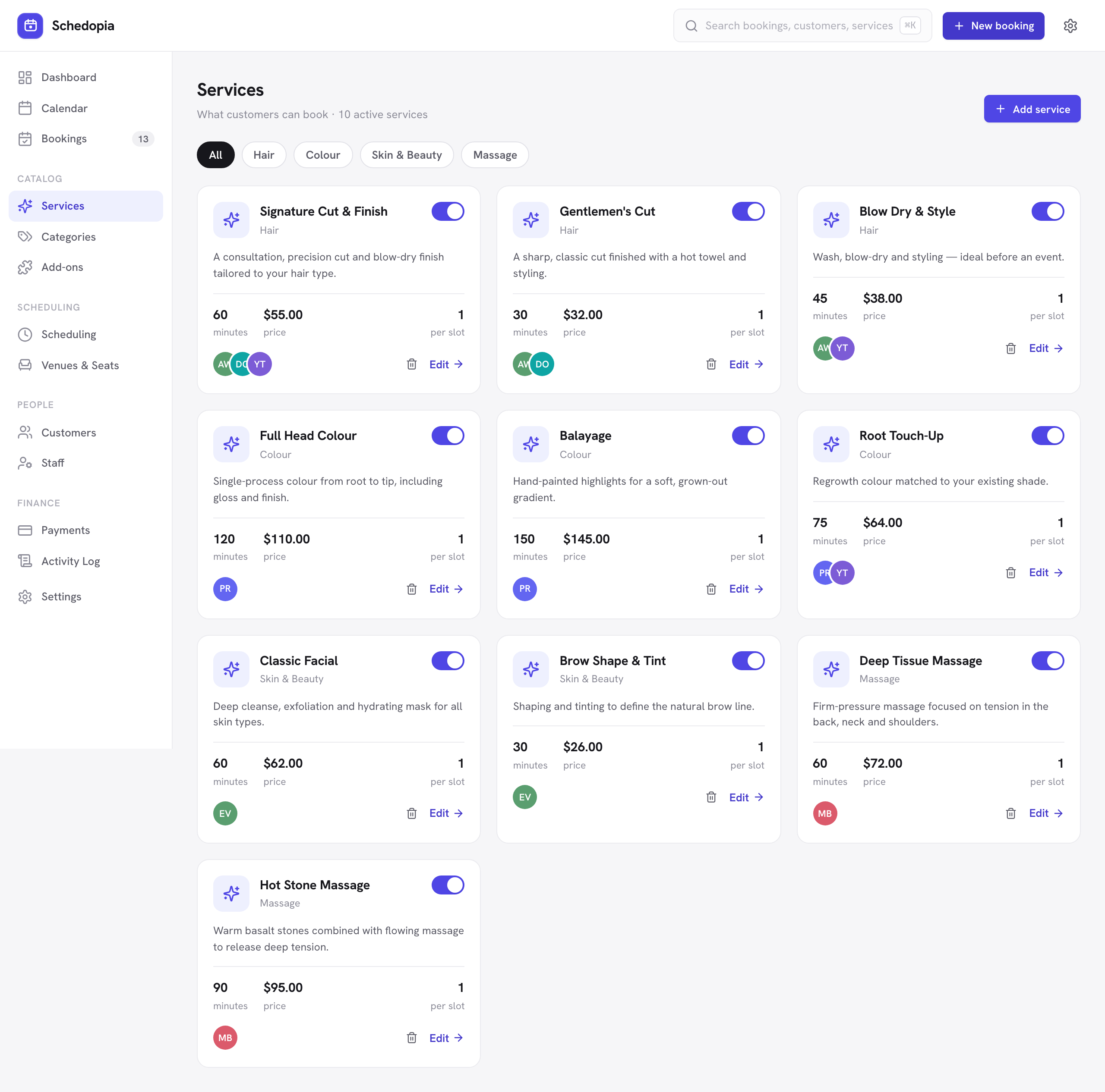 The Services screen listing services with their category, duration, price and assigned staff