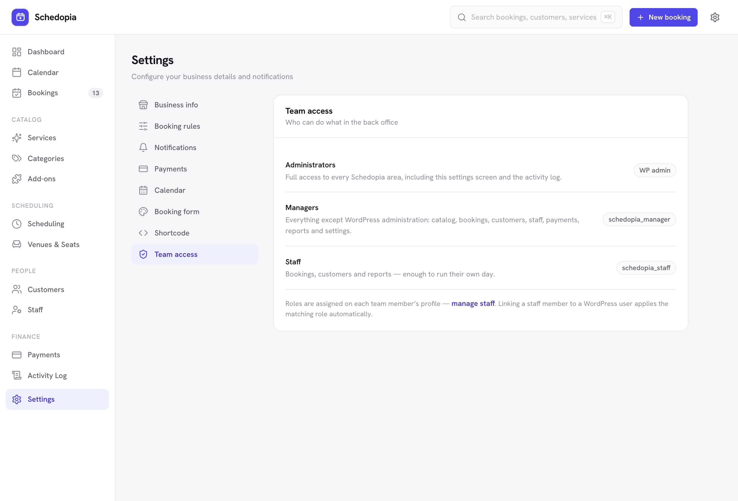 The Team access settings section explaining what each role can do