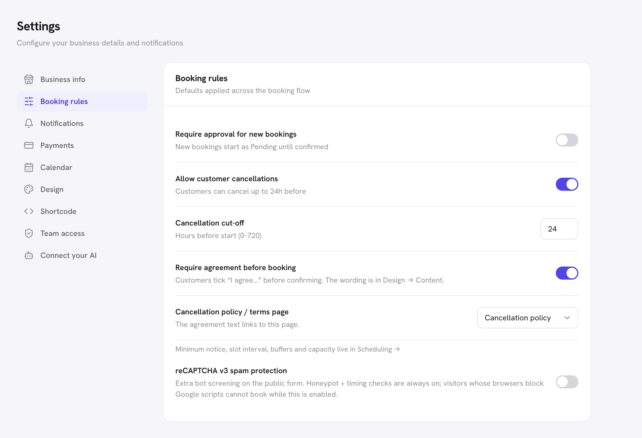 Schedopia's Settings screen on Booking rules: Require approval for new bookings off, Allow customer cancellations on, a cancellation cut-off of 24 hours, Require agreement before booking on, the terms page set to Cancellation policy, and reCAPTCHA v3 spam protection off.