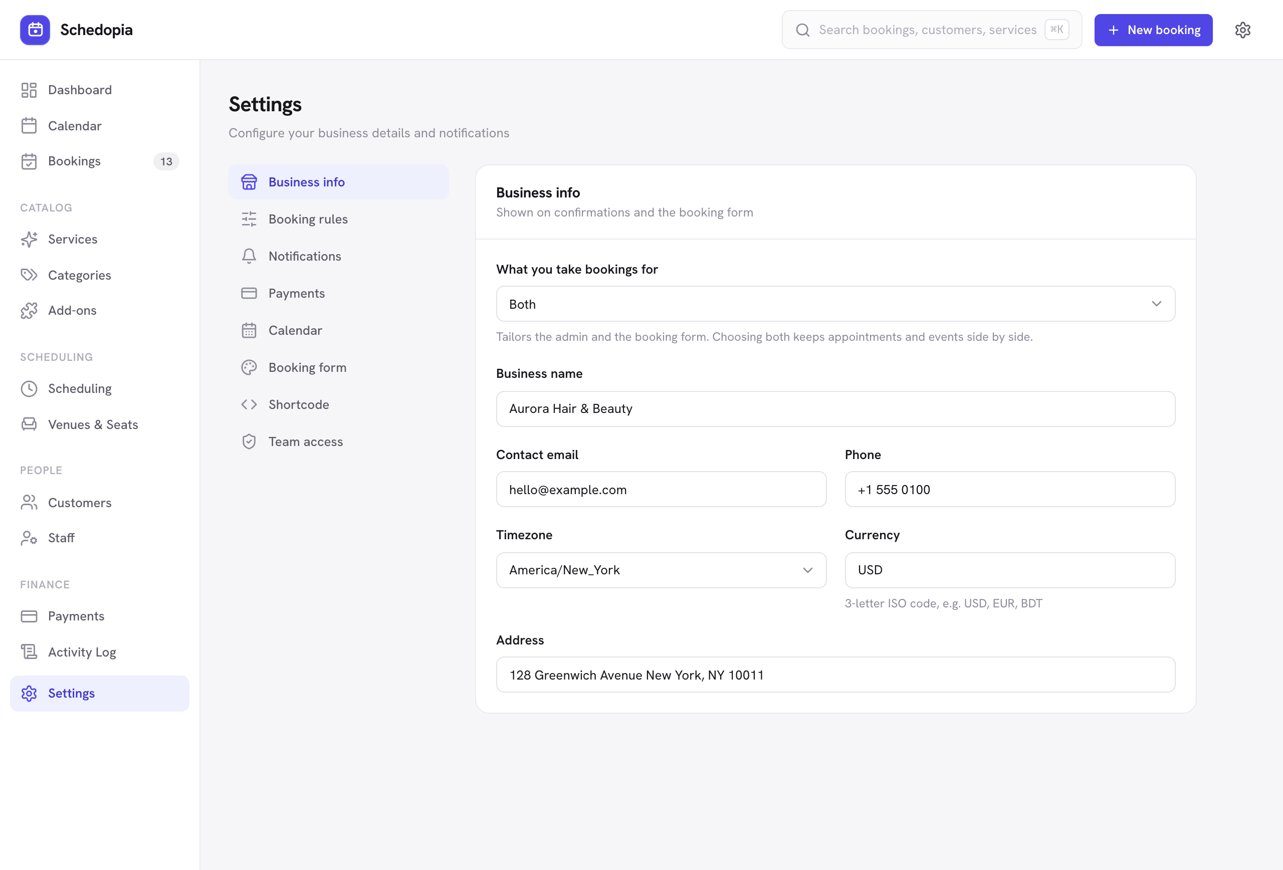 The Business info settings section