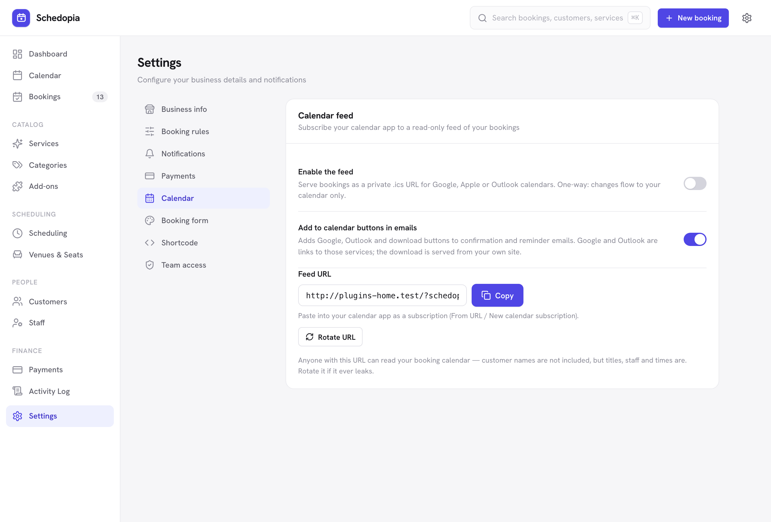 The Calendar settings section showing the feed toggle, the feed address with copy and rotate controls