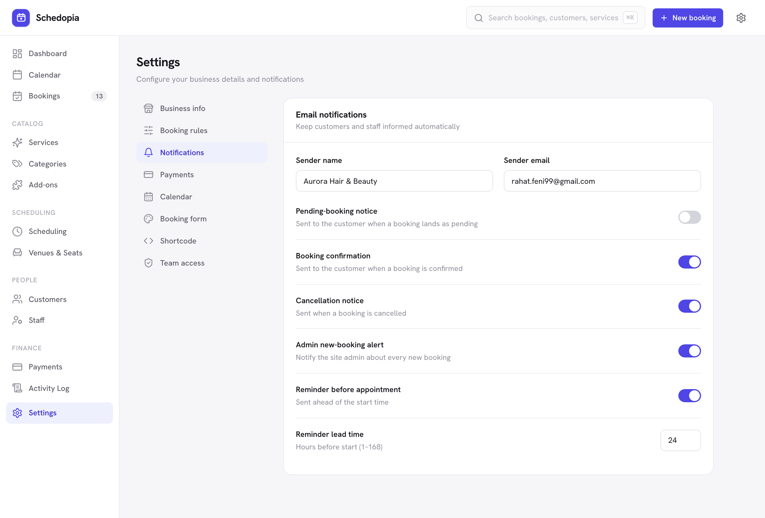 The Notifications settings section with sender details and per-email toggles