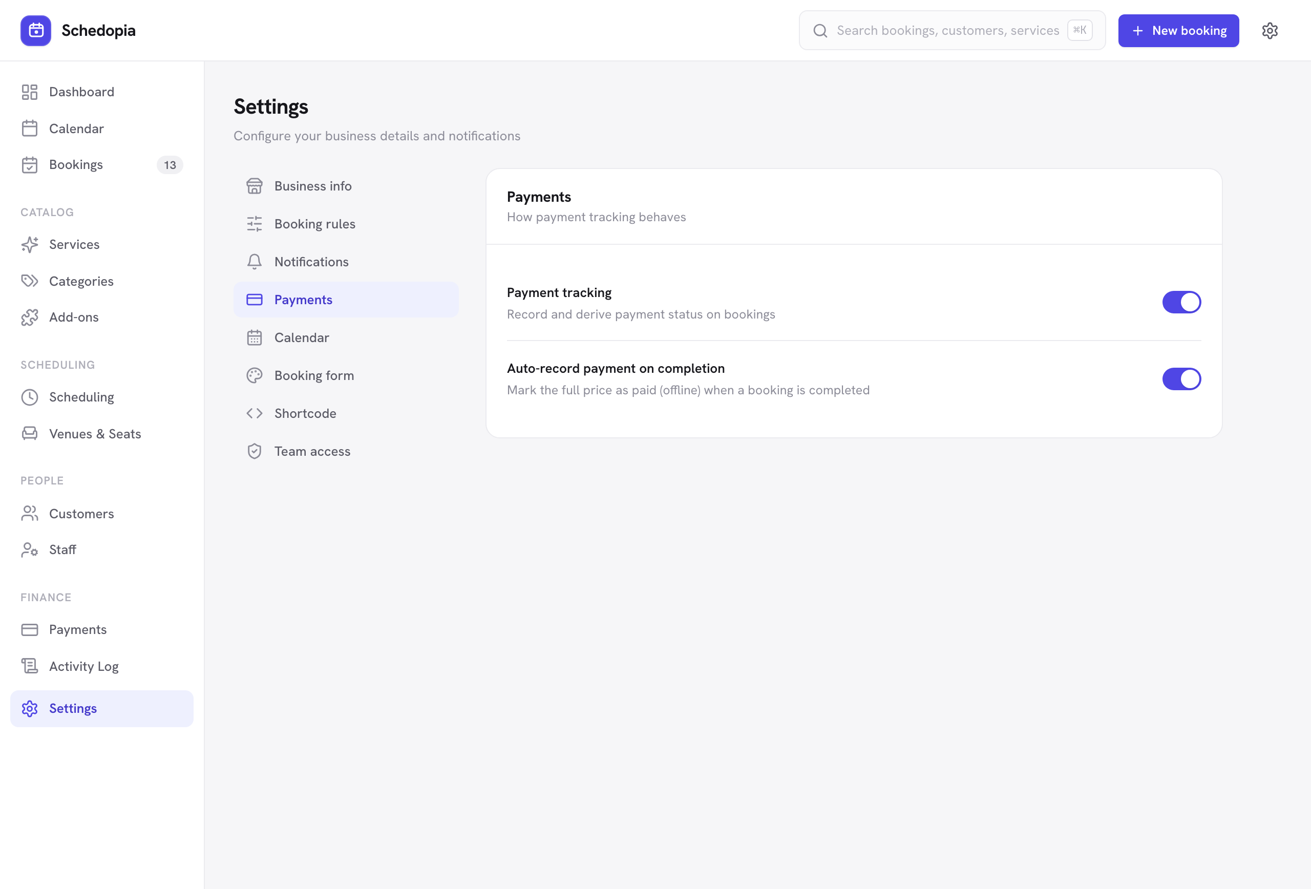 The Payments settings section