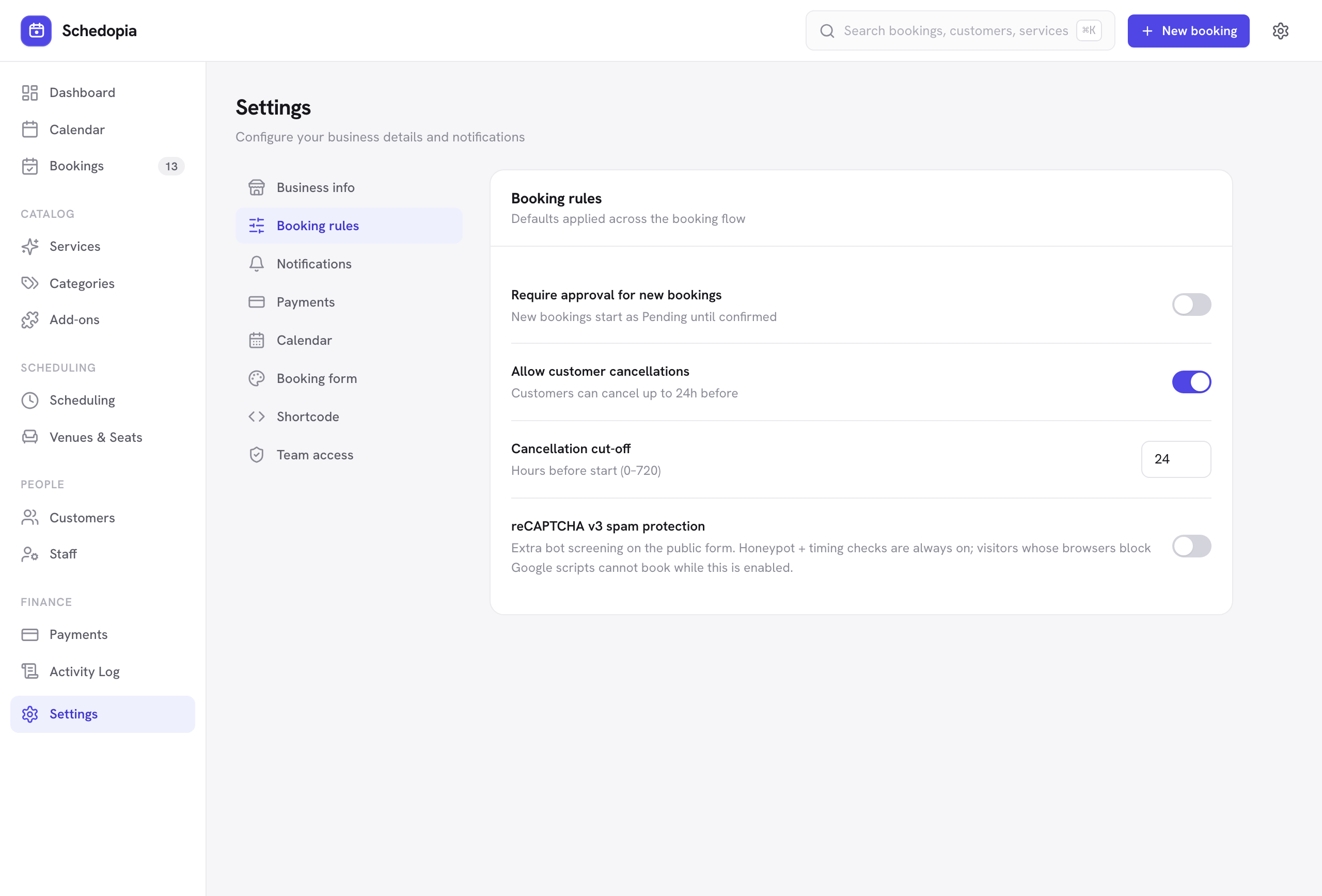 The Booking rules settings showing the allow-cancellations toggle and the cancellation cut-off in hours