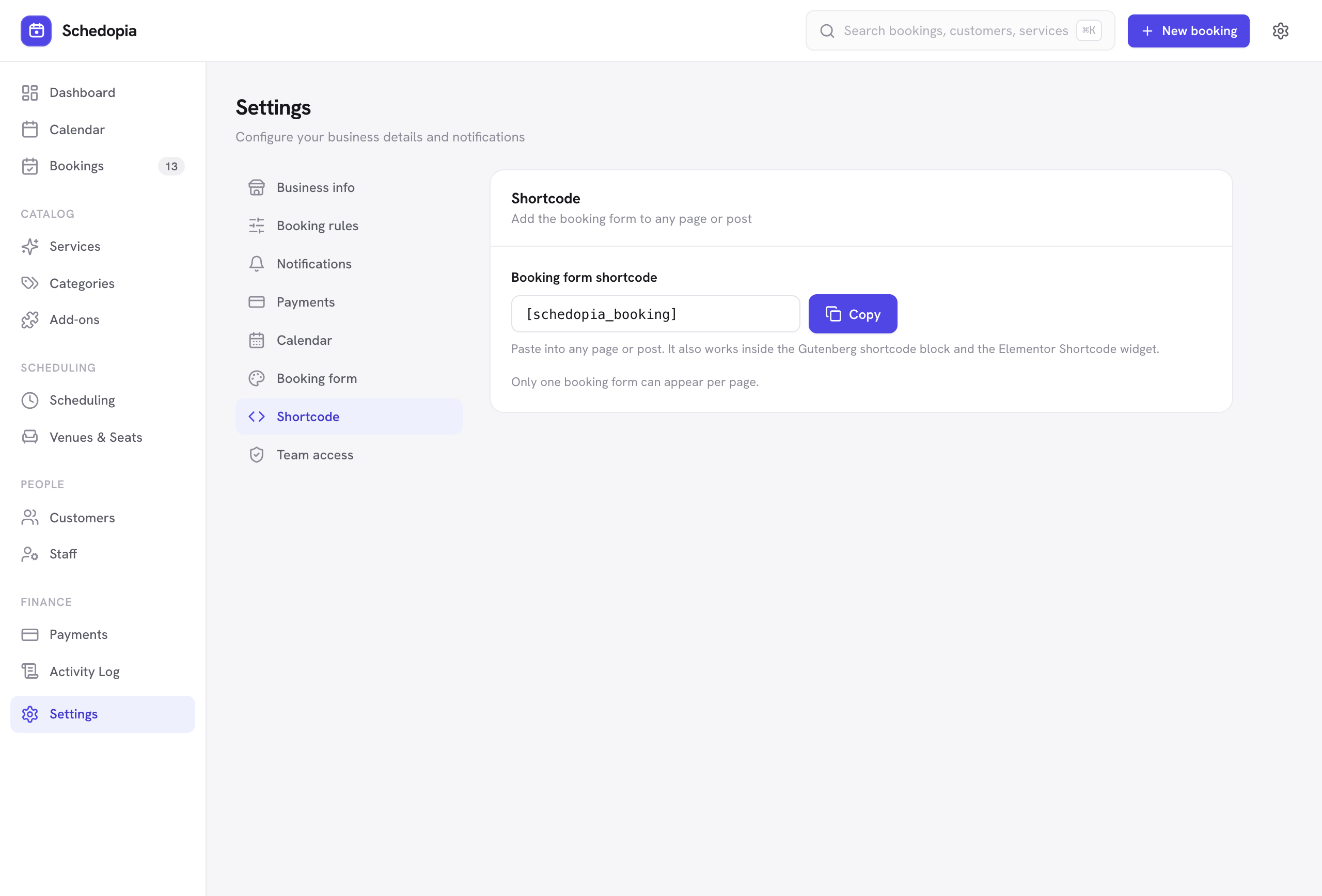 The Shortcode settings section showing the booking form shortcode ready to copy