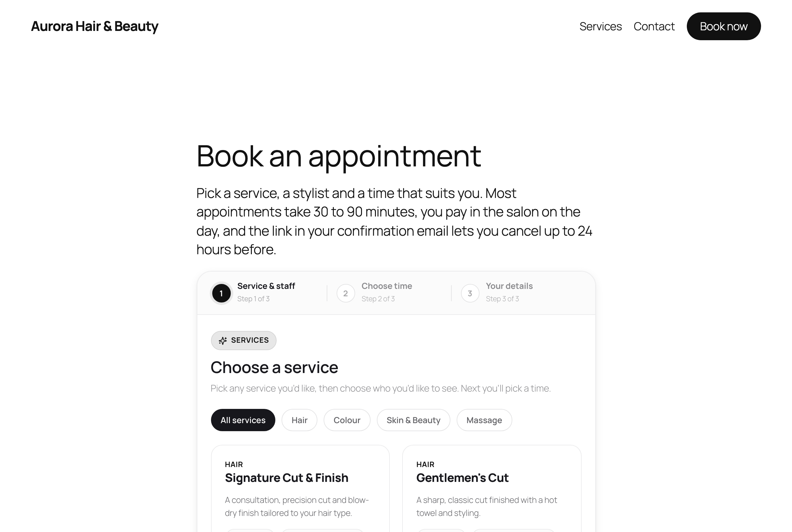 A salon website on the Twenty Twenty-Five theme with Services, Contact and a black Book now button in the header, above a Book an appointment page with a short intro and the Schedopia booking form's first step.