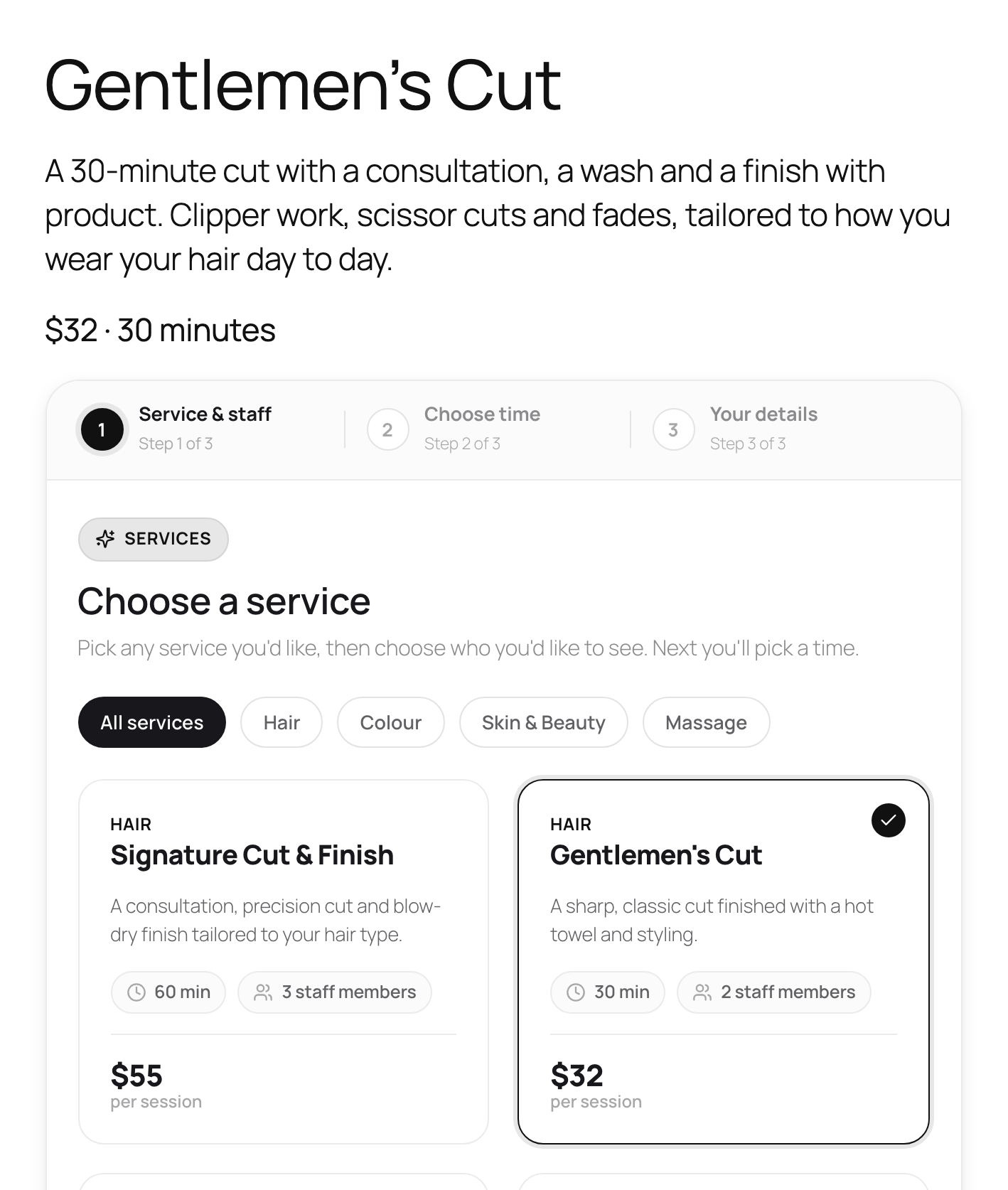 A Gentlemen's Cut service page with a description and the price, $32 for 30 minutes, above the Schedopia booking form with the Gentlemen's Cut card already ticked.