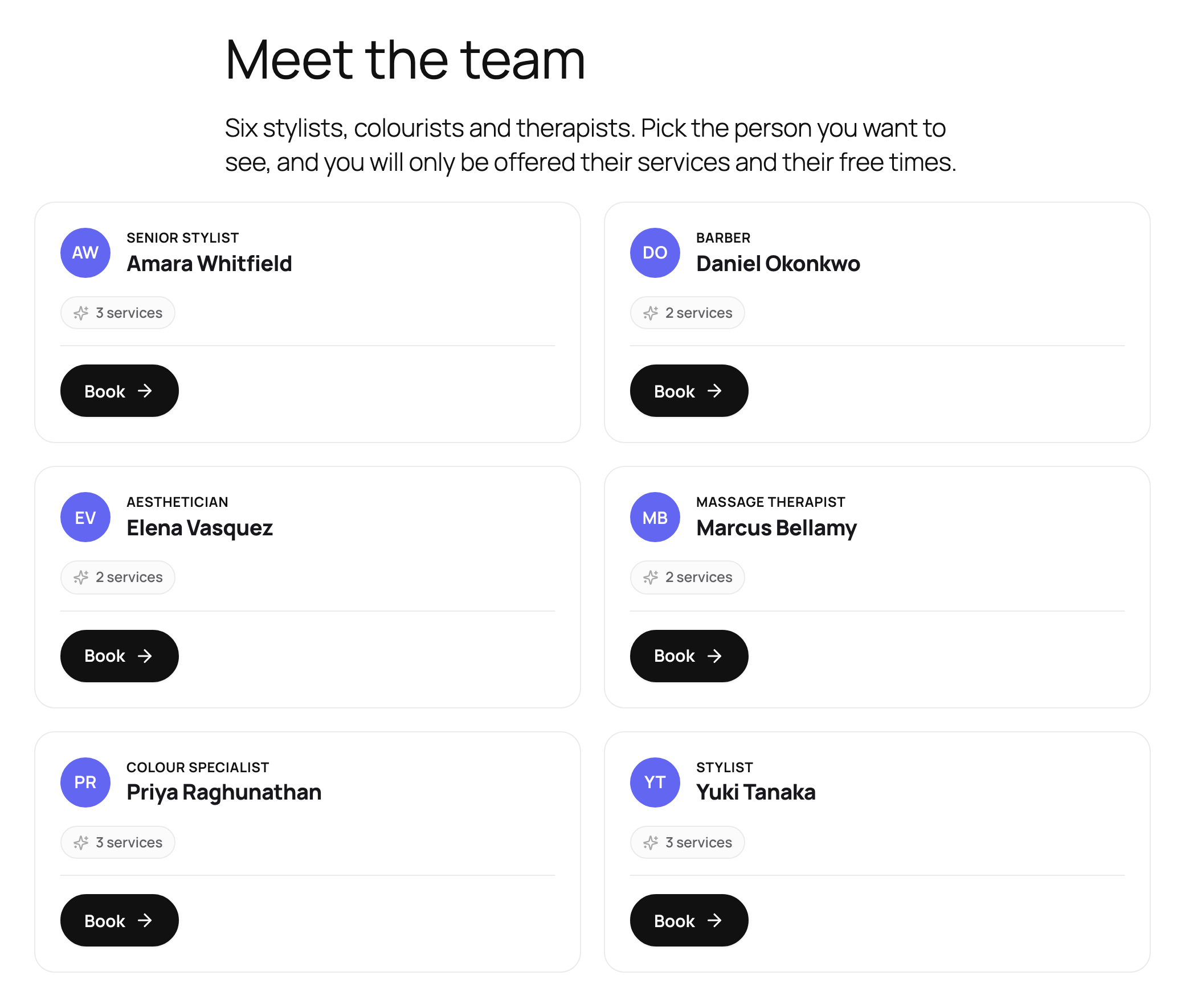 A salon's Meet the team page with six staff cards in two columns. Each card has initials in a circle, a job title such as Senior Stylist, Barber or Massage Therapist, a name, a service count and a Book button.